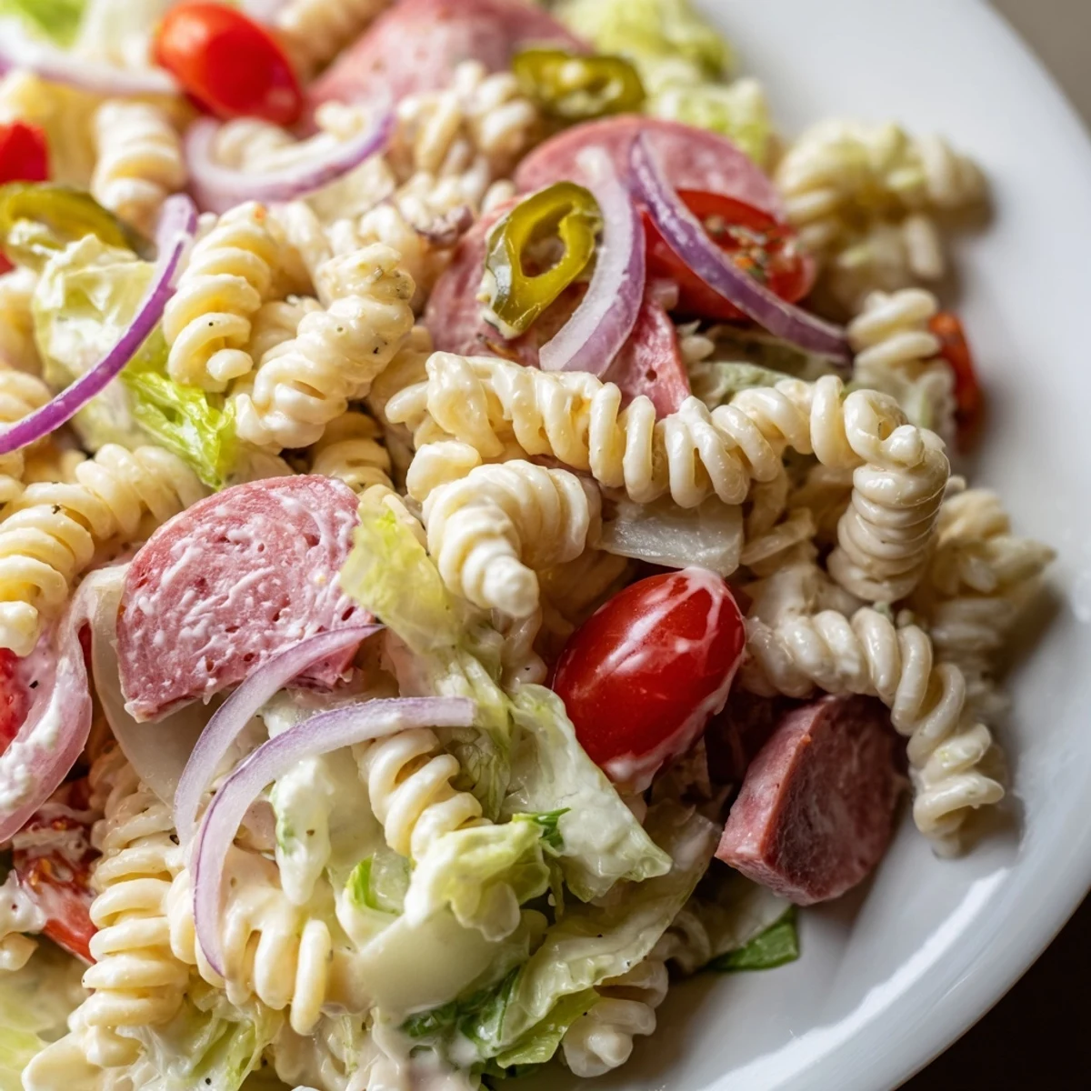 Vibrant bowl of grinder pasta salad tossed with pepperoncini, red onion, and tangy mayonnaise dressing
