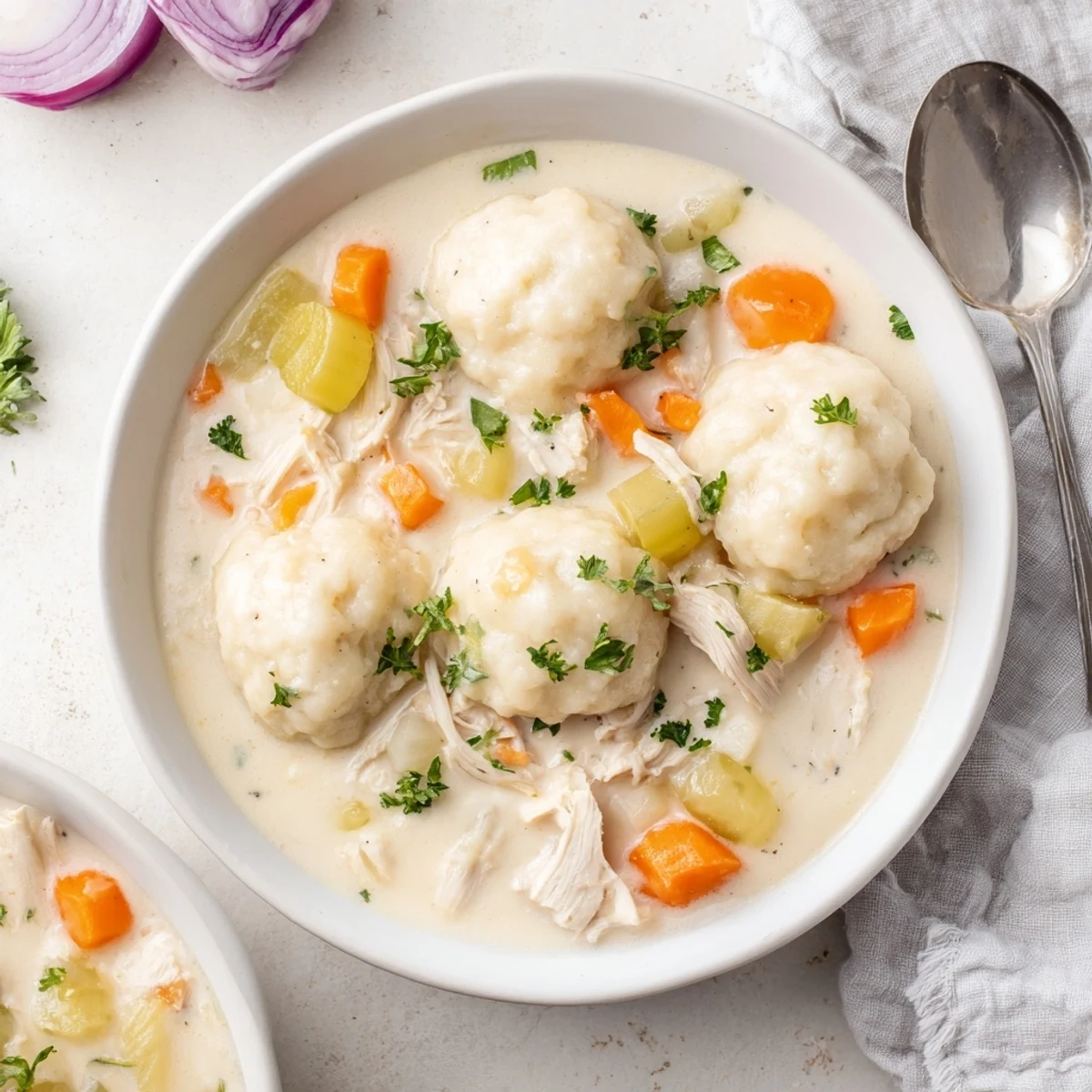 Golden chicken and dumplings with fluffy biscuits floating in a rich creamy broth