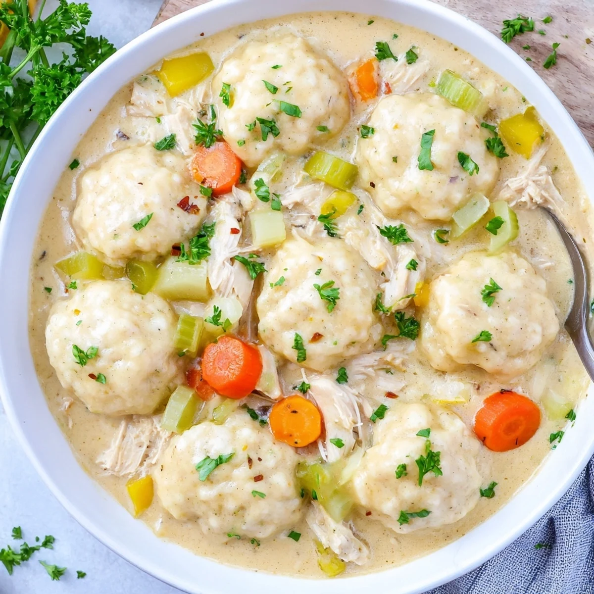 Comforting chicken and dumplings featuring tender shredded meat and steaming biscuit dumplings in a bowl
