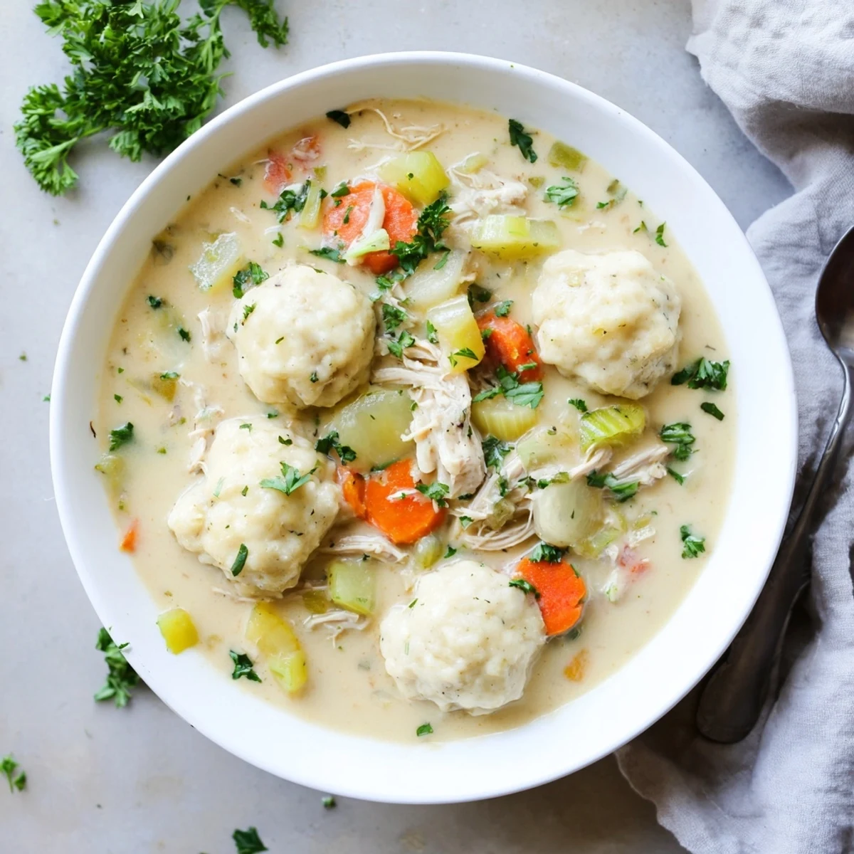 Hearty chicken and dumplings with pillowy biscuits simmered in a savory white soup broth