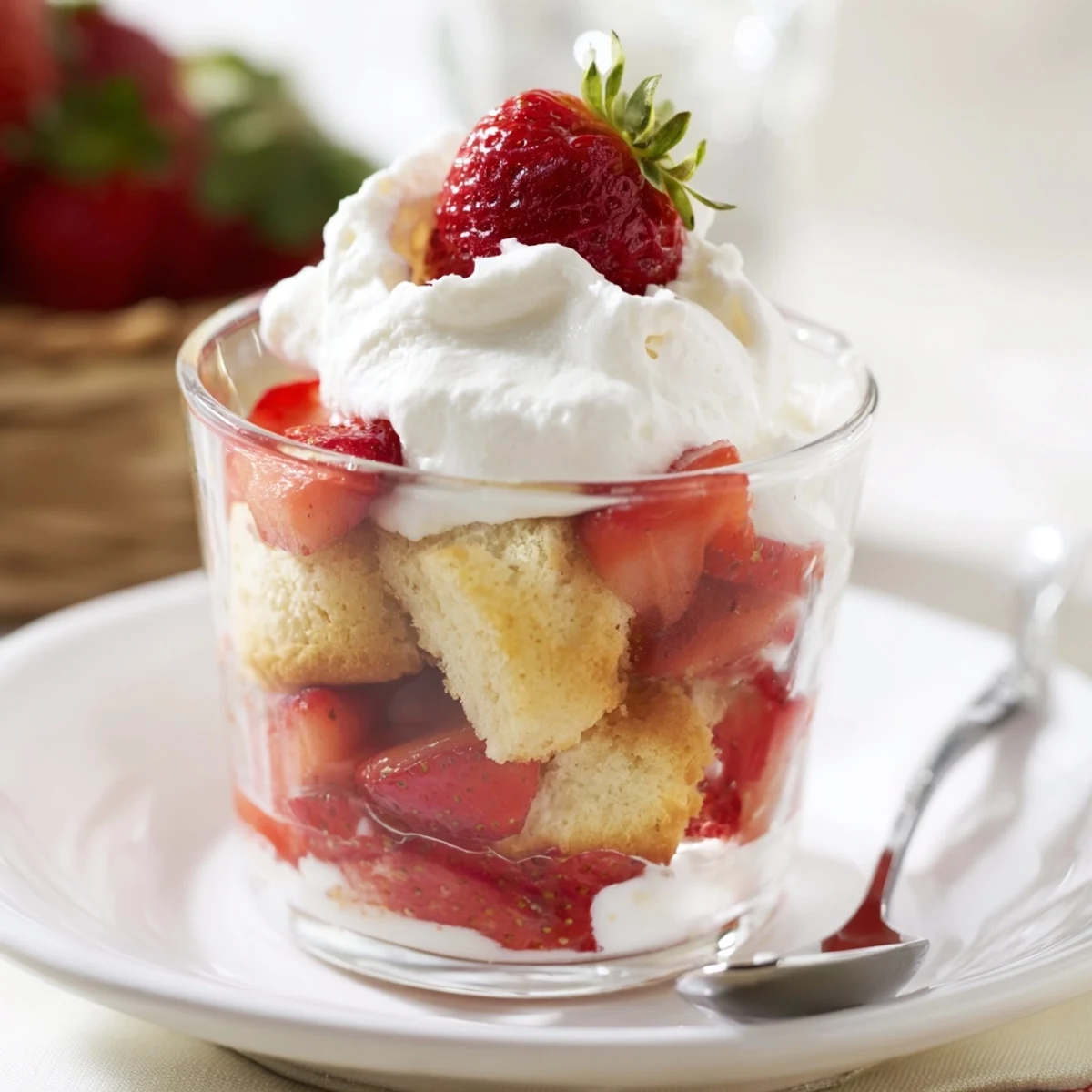 Individual Valentines strawberry shortcake cups layered with fresh berries and fluffy whipped cream