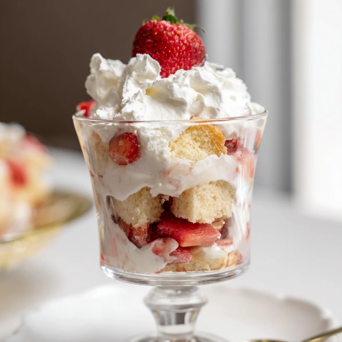 Romantic dessert featuring tender cake, juicy strawberries, and billowy whipped topping in layered jars