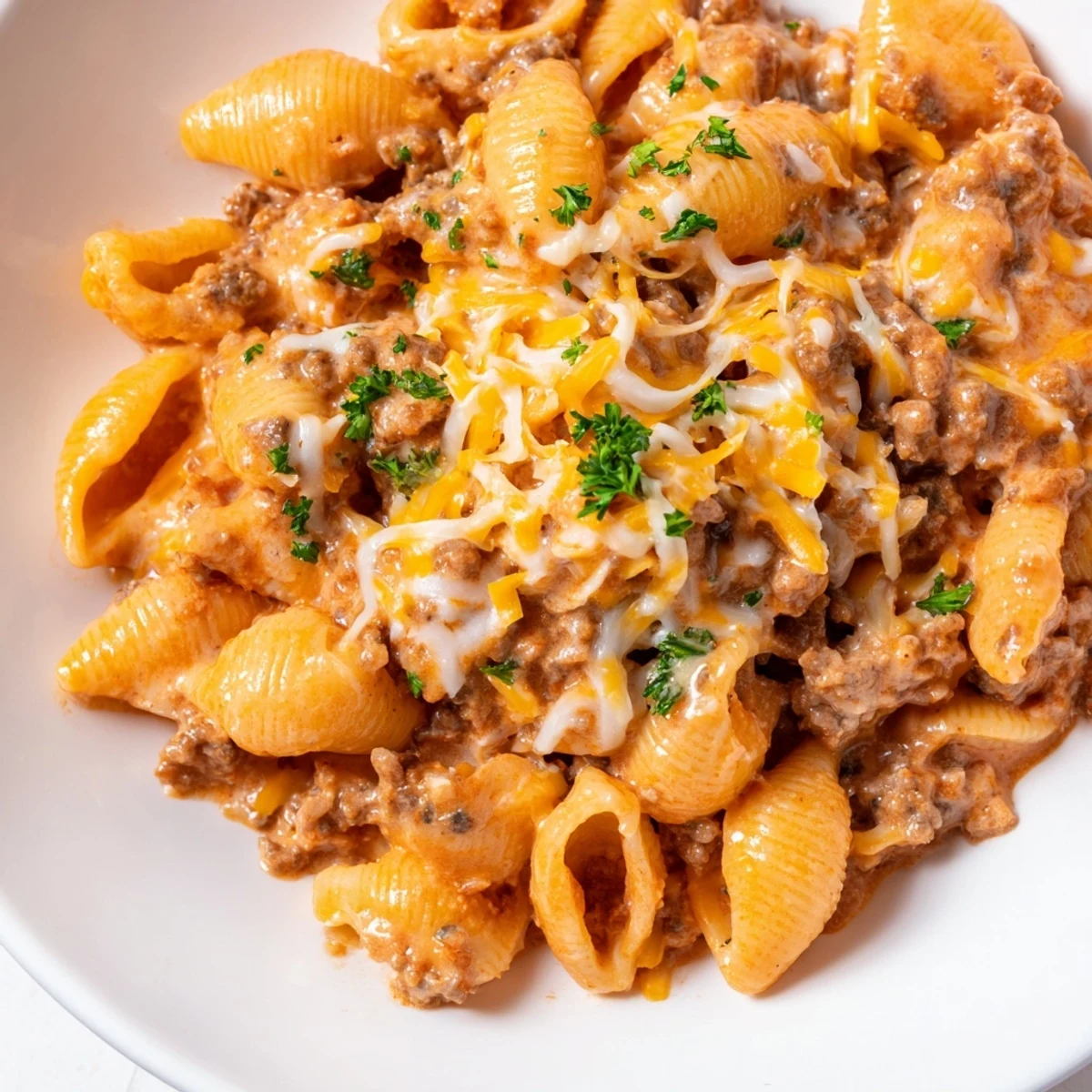 Golden pasta shells tossed with ground beef in a luscious creamy sauce garnished with fresh parsley