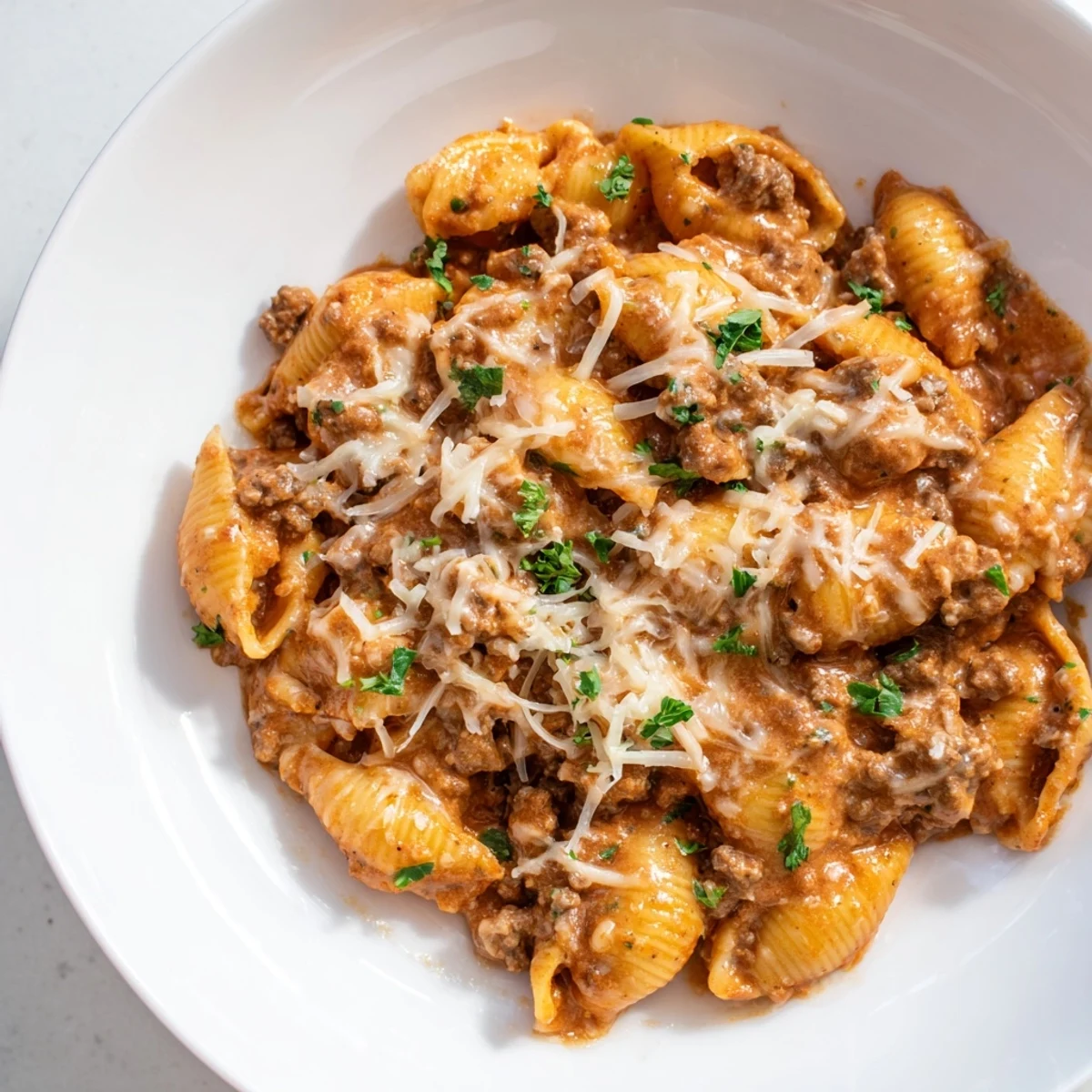 Creamy one pot beef shells pasta with tender beef in rich tomato sauce topped with melted cheddar cheese