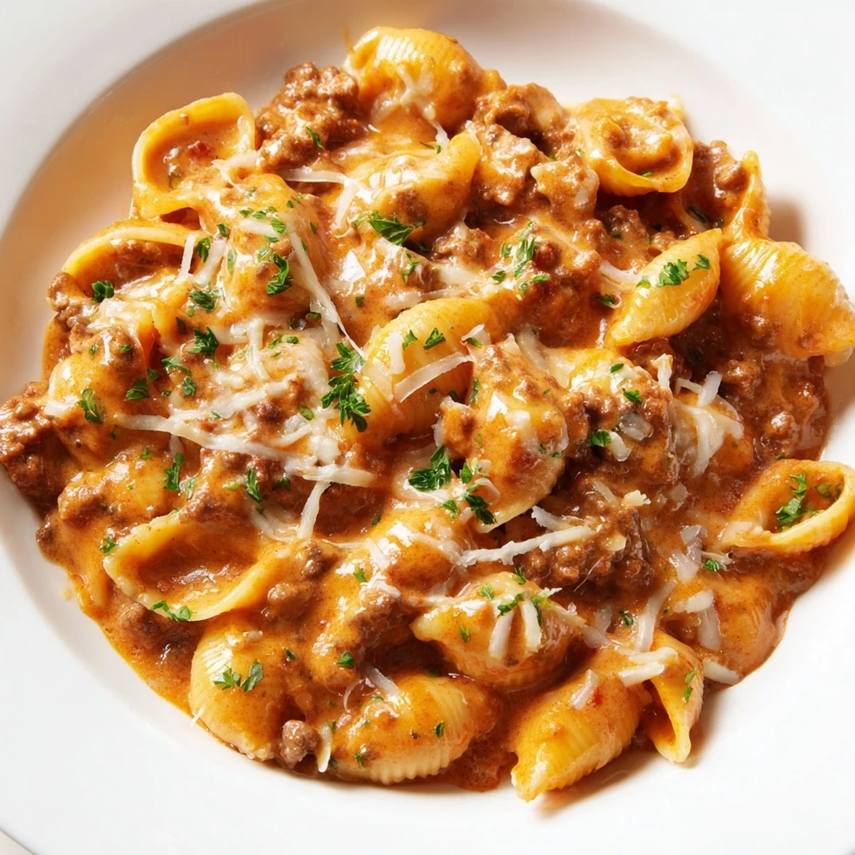 Hearty one pot beef shells featuring tender pasta shells coated in a velvety tomato cream sauce with cheddar
