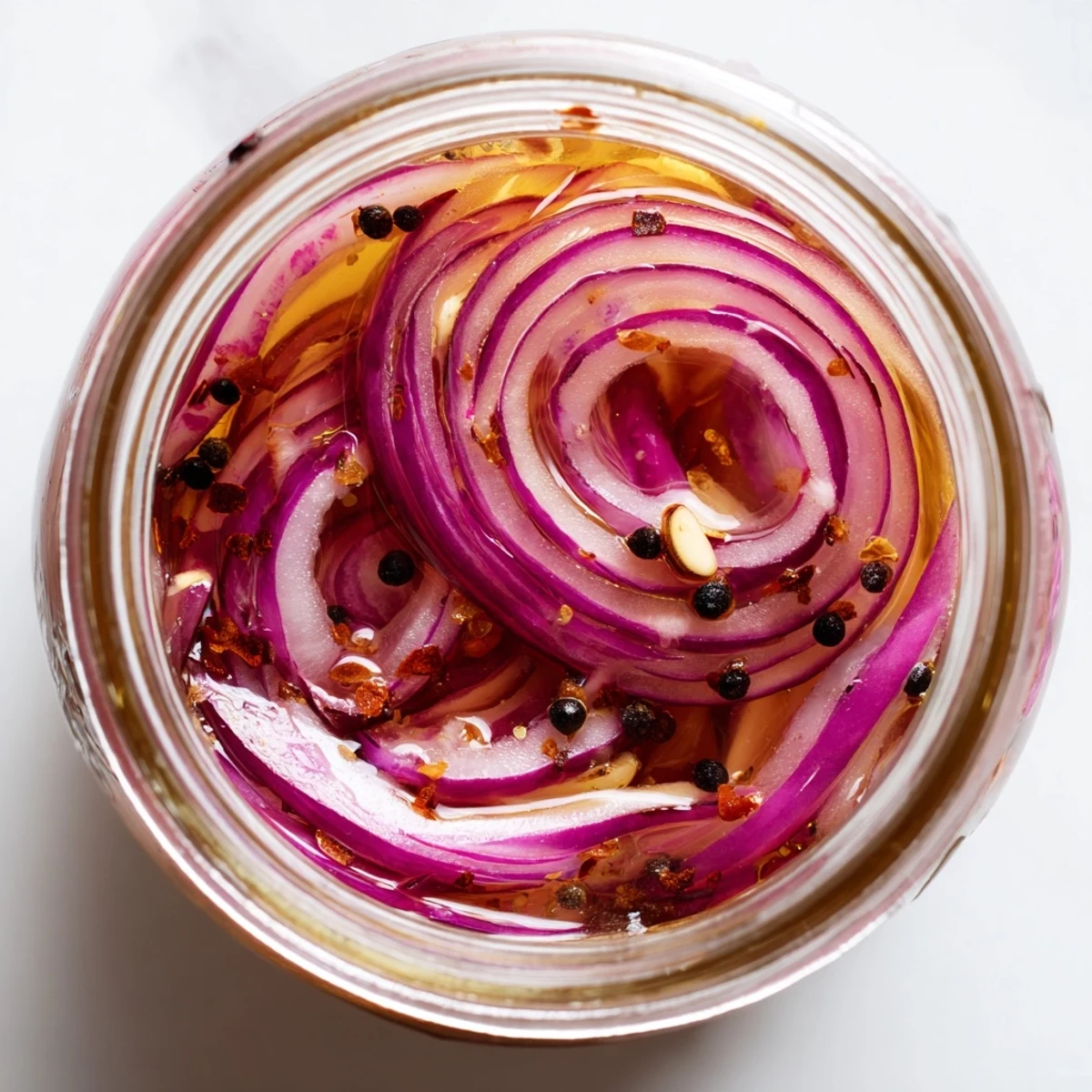 Glass jar filled with vibrant hot honey pickled red onions submerged in golden amber brine