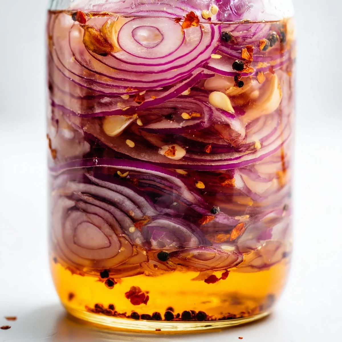 Mason jar showcasing thinly sliced red onions floating in spiced hot honey vinegar liquid