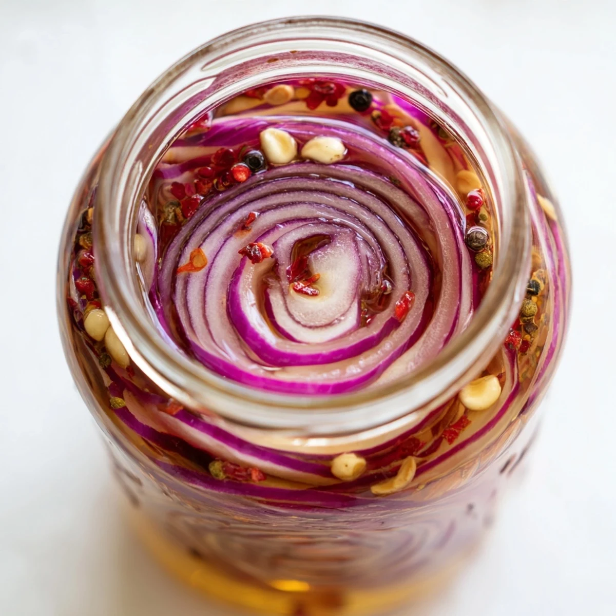Close-up of bright pink hot honey pickled red onions packed tightly in clear glass container