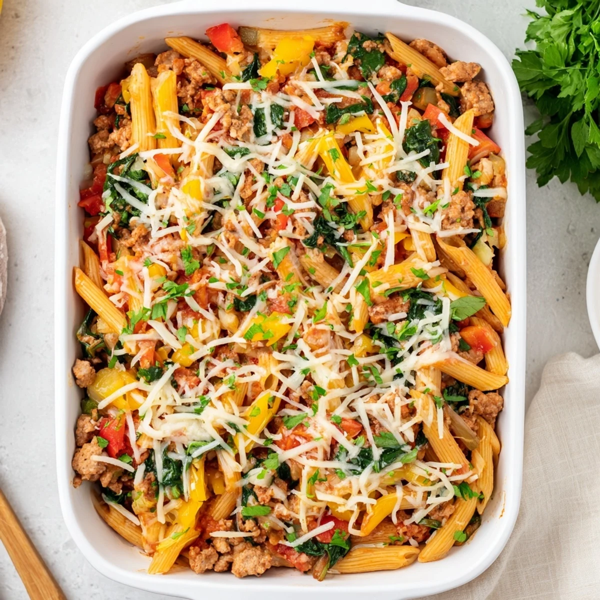 Hearty homemade ground turkey pasta bake served in a white ceramic baking dish