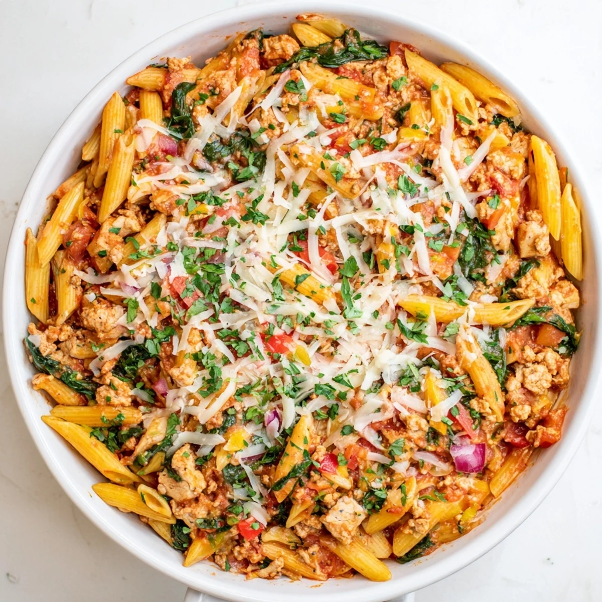 Golden brown homemade ground turkey pasta bake with bubbling melted mozzarella cheese topping
