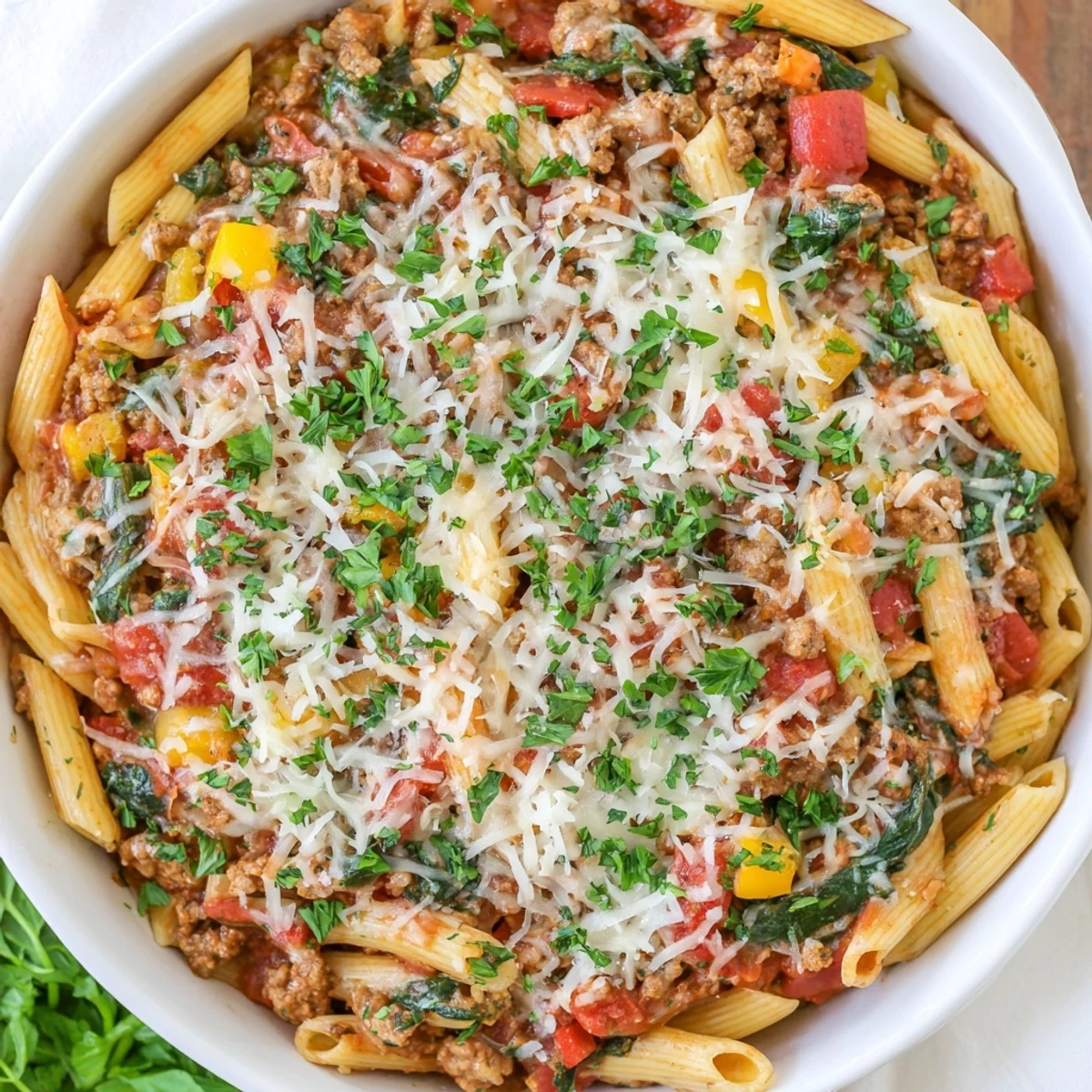 Comforting homemade ground turkey pasta bake with fresh basil garnish on a wooden table