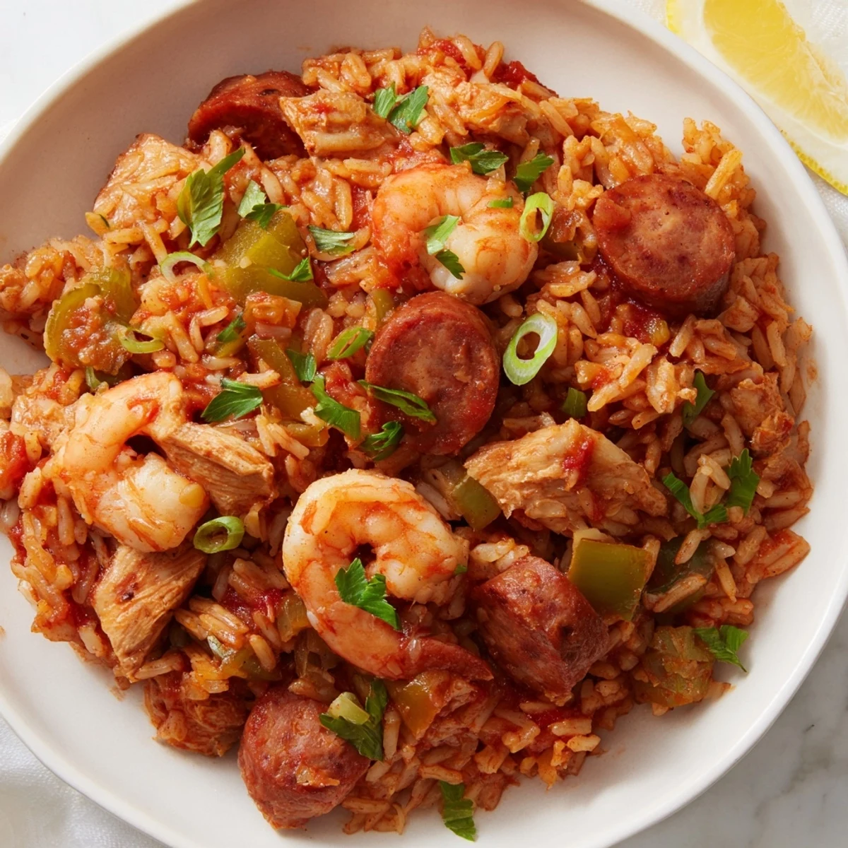 Hearty one pot Cajun jambalaya featuring andouille sausage, shrimp, and chicken in spiced rice