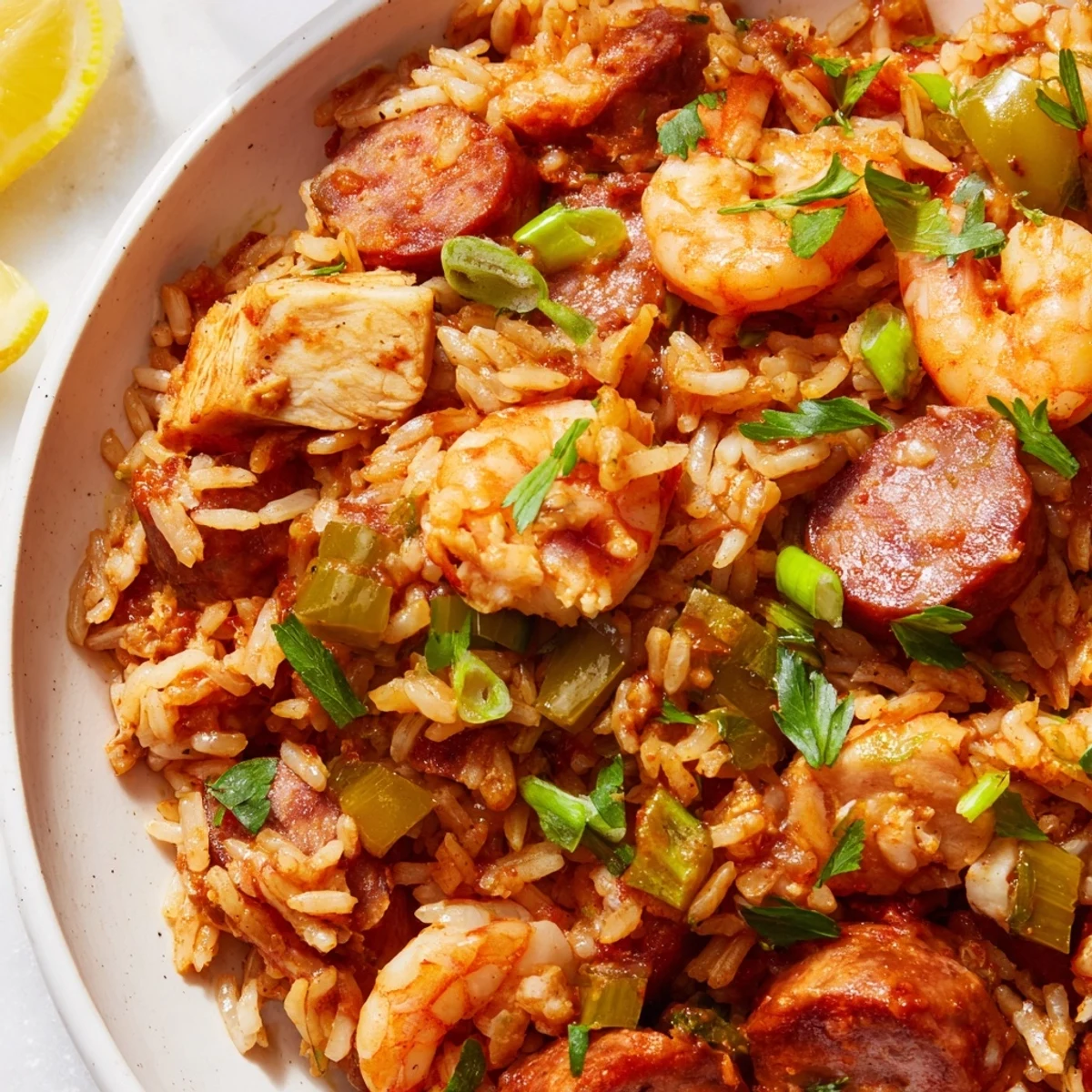 Steamy bowl of Cajun jambalaya topped with fresh scallions and juicy plump shrimp