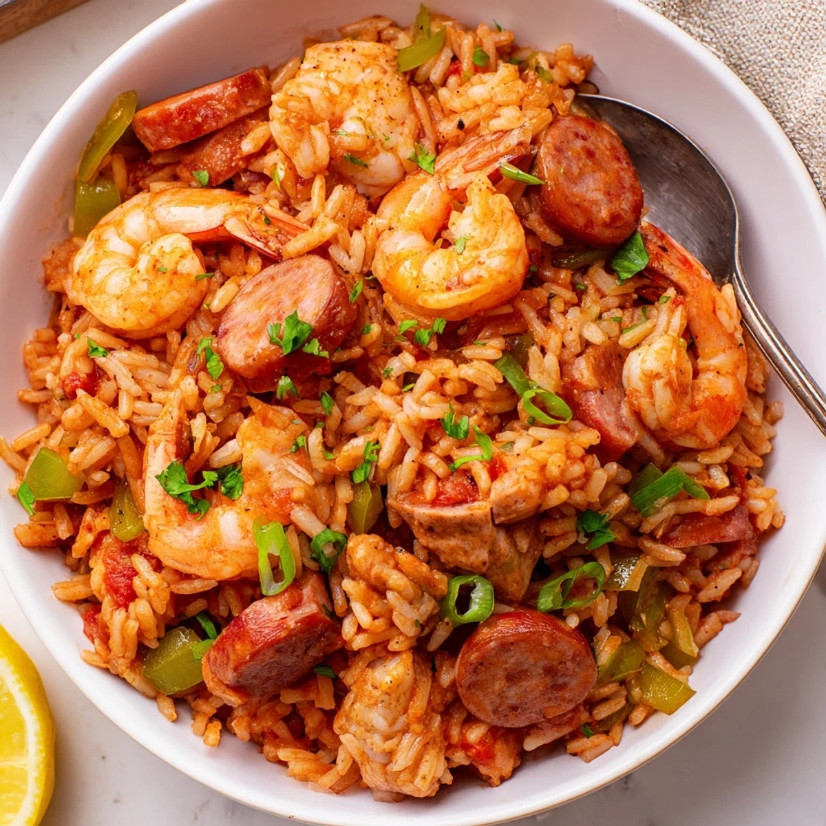 Colorful one pot Cajun jambalaya with tender meats and vegetables in a rich tomato broth