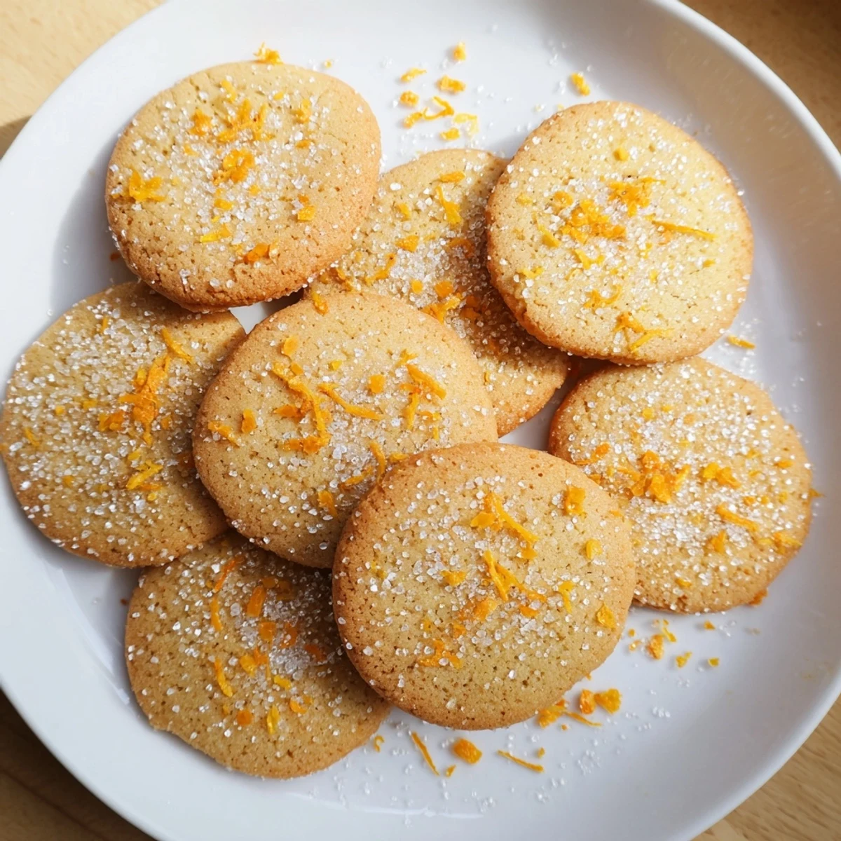 Golden Orange Clove Cookies sprinkled with coarse sugar on a white baking sheet