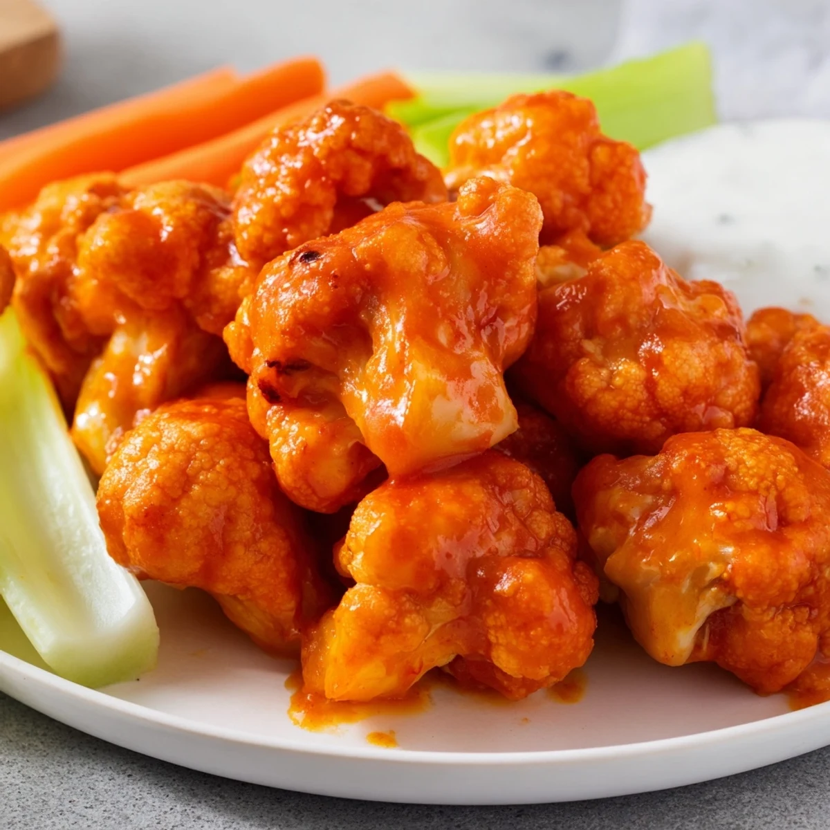 Golden crispy buffalo cauliflower bites arranged on a white serving plate with vibrant orange-red sauce coating