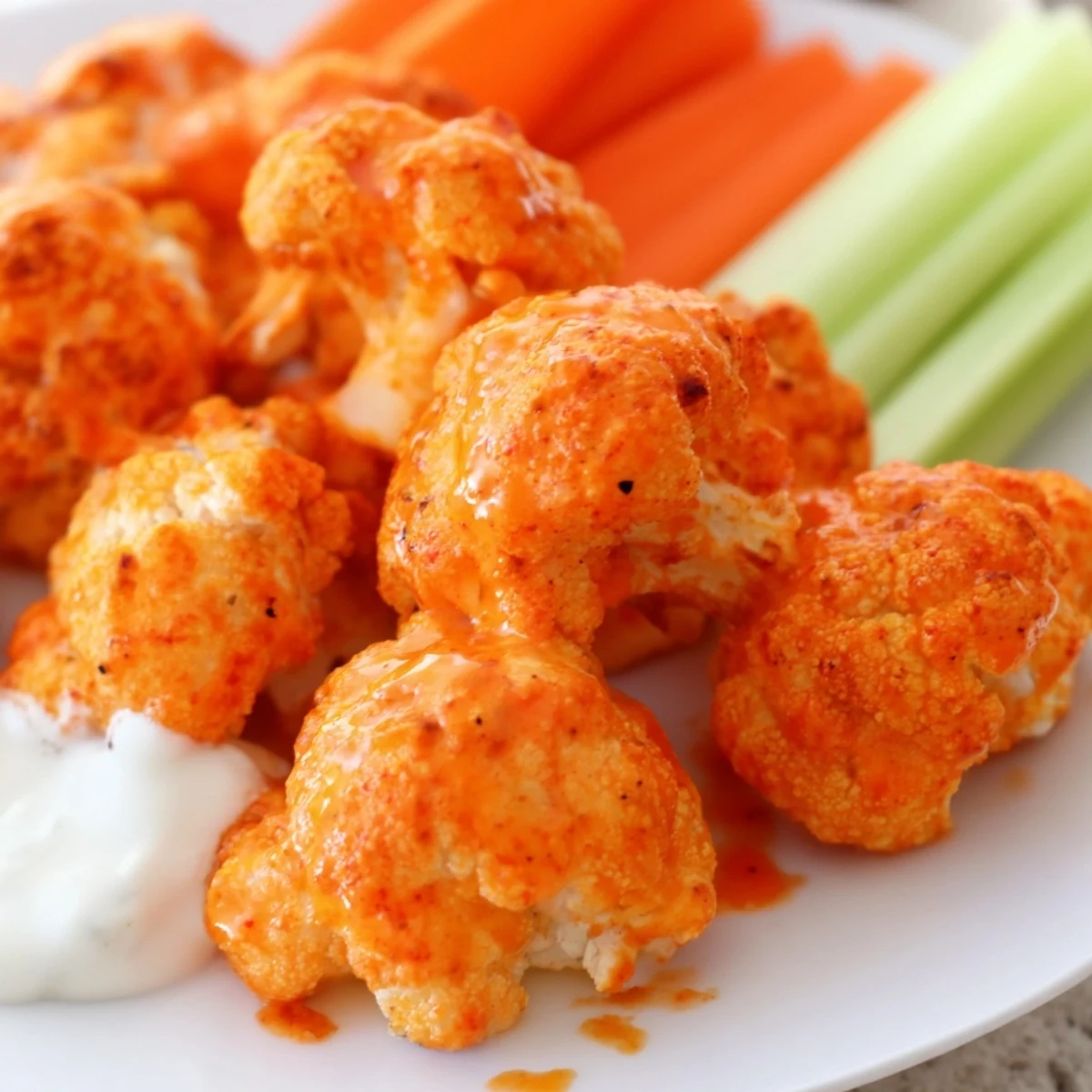 Baked buffalo cauliflower bites with tangy glaze served alongside fresh celery and carrot sticks for dipping