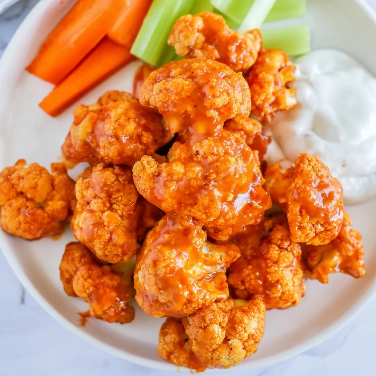 Spicy buffalo cauliflower bites displayed on rustic wooden board with creamy ranch dressing in small bowl