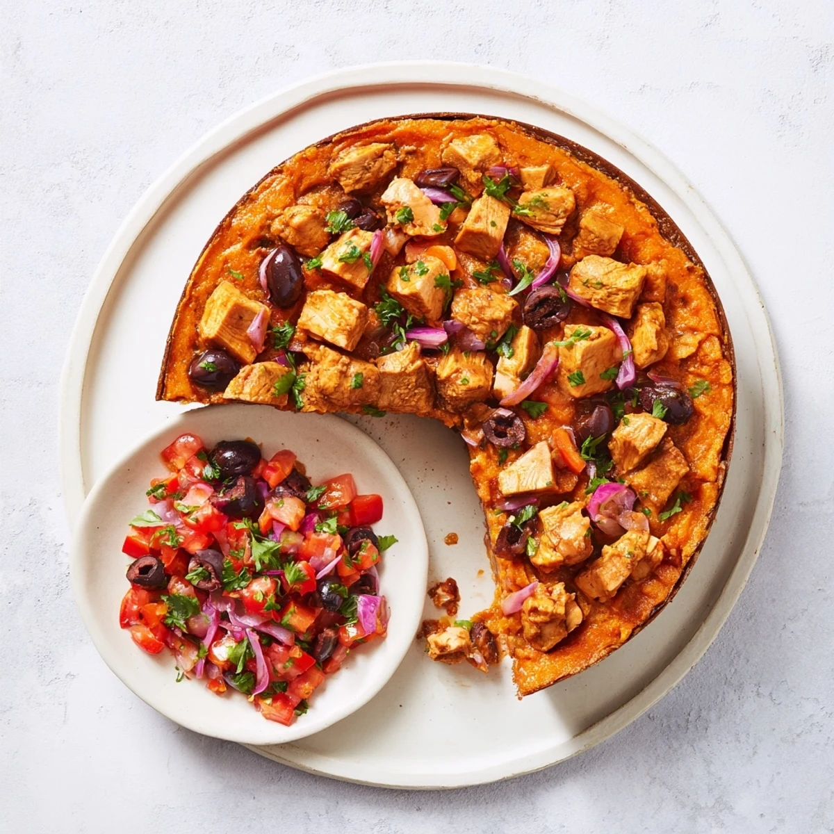 Golden sweet potato chicken pie with crust topped with fresh tomato olive salsa
