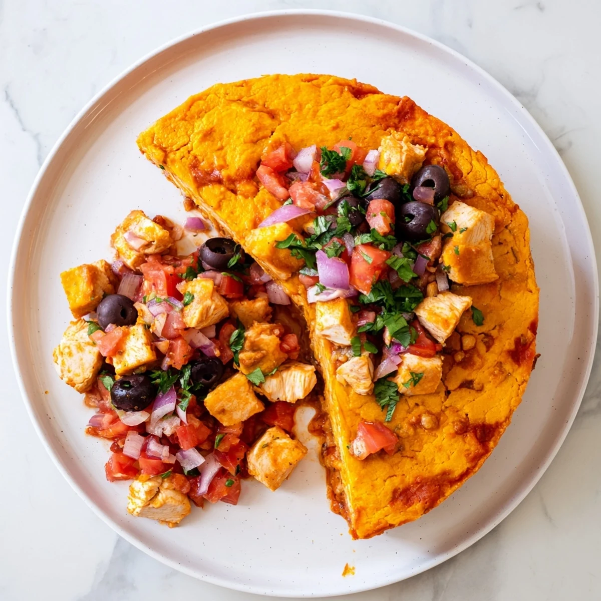 Savory Mediterranean chicken and sweet potato pie served with tangy tomato olive garnish
