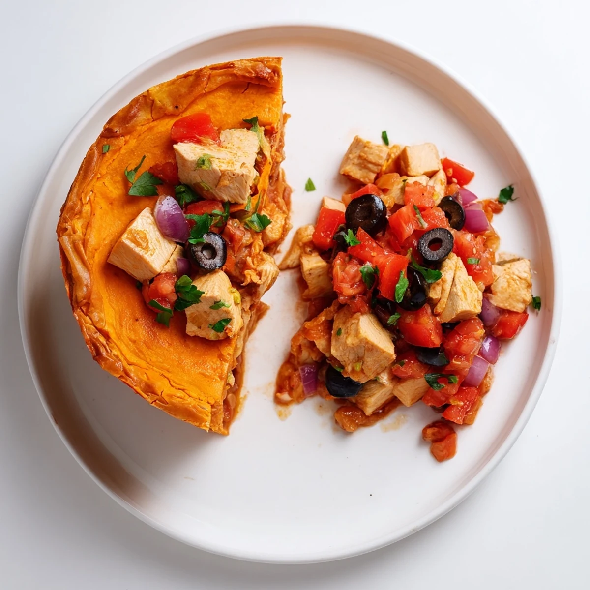 Baked chicken sweet potato pie featuring flaky crust and vibrant tomato olive salsa topping