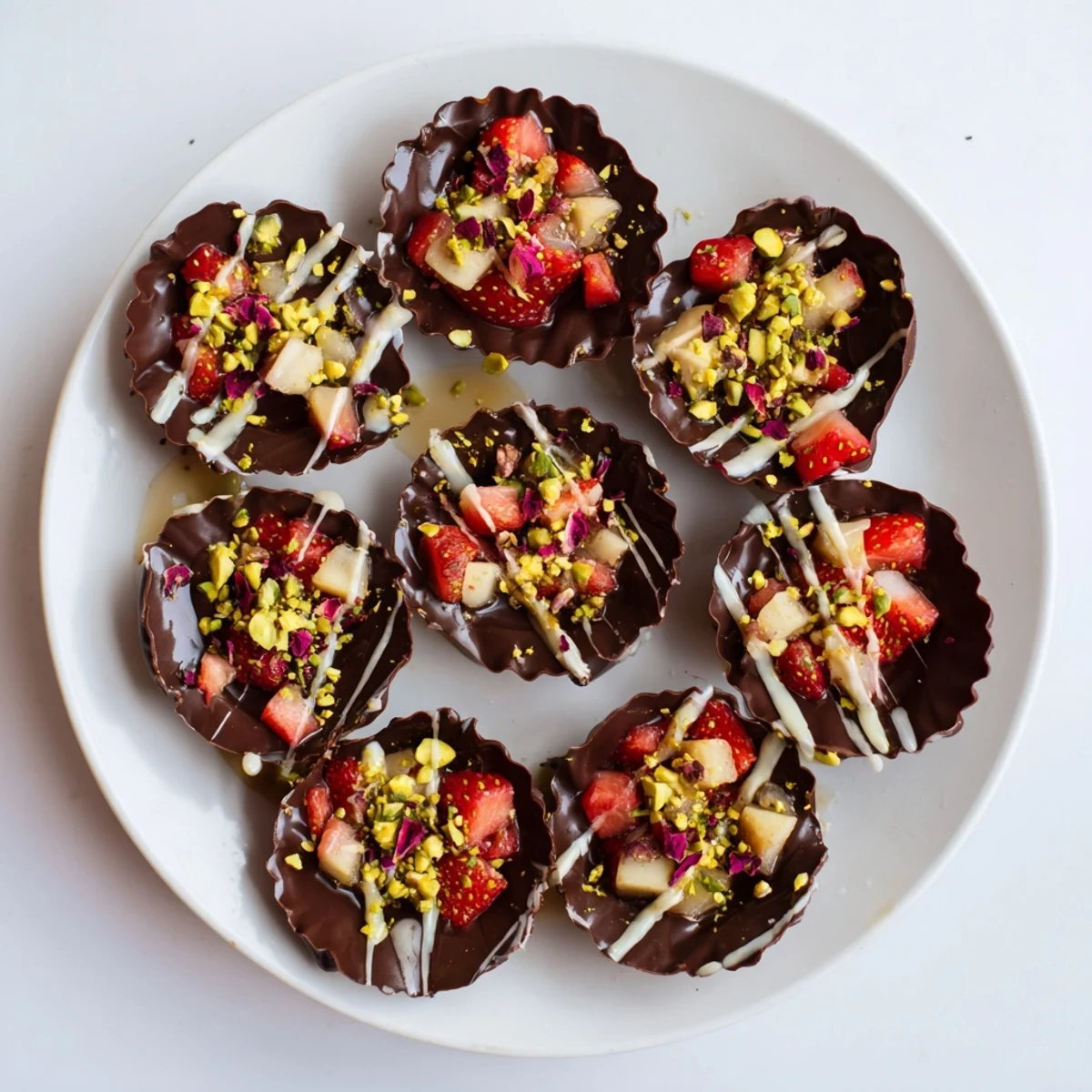 Decadent Dubai chocolate covered strawberry cups featuring glossy dark chocolate shells filled with sweet fresh strawberries and topped with vibrant green pistachios.