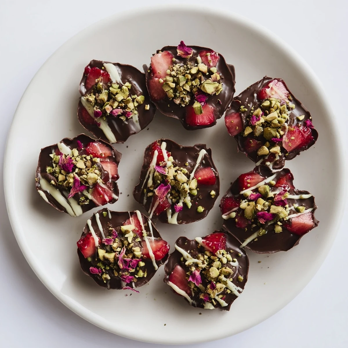 Silky smooth chocolate covered strawberry cups arranged on a serving platter with edible gold leaf accents and rose petal garnish.