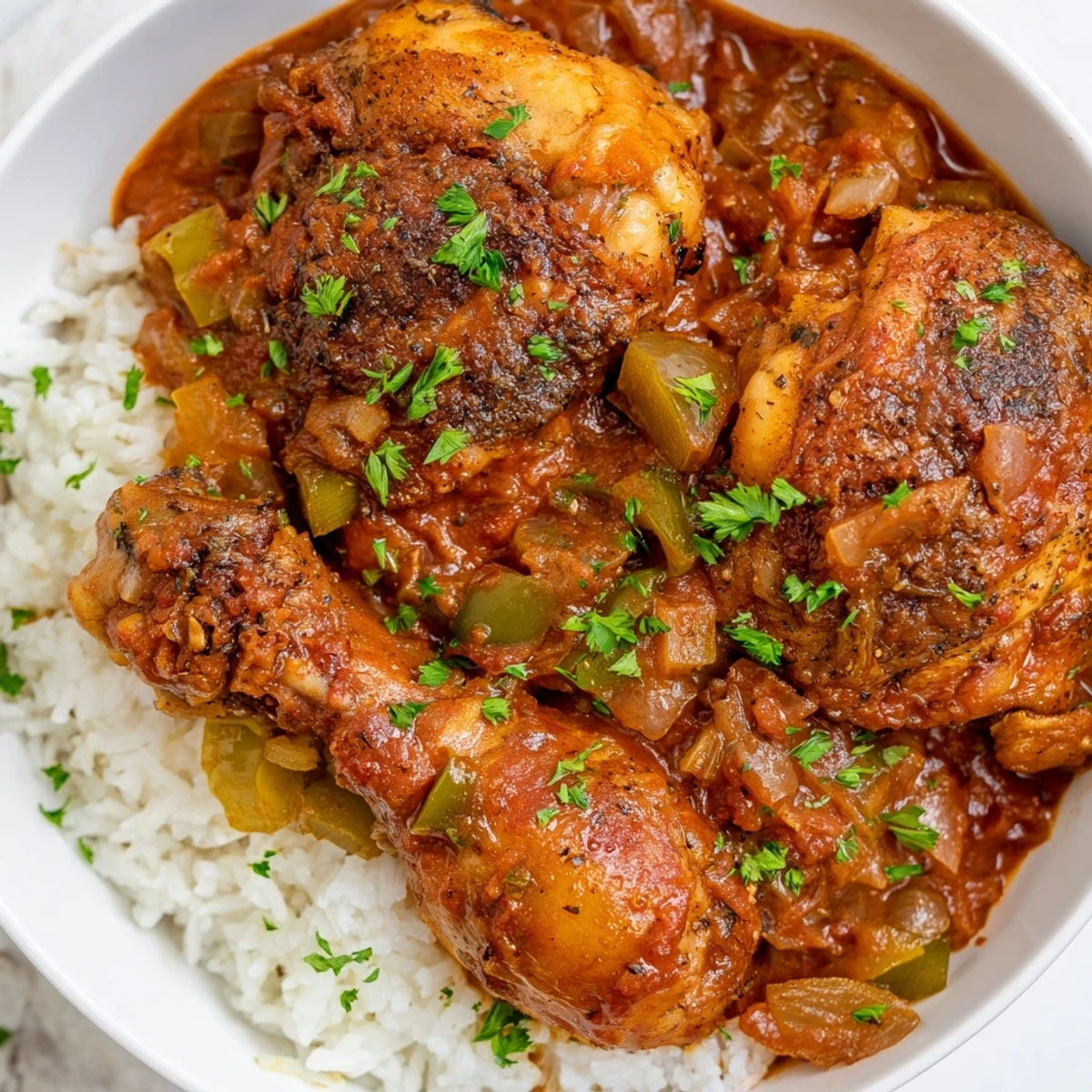 Golden chicken stewed Louisiana style served over fluffy white rice with fresh parsley garnish