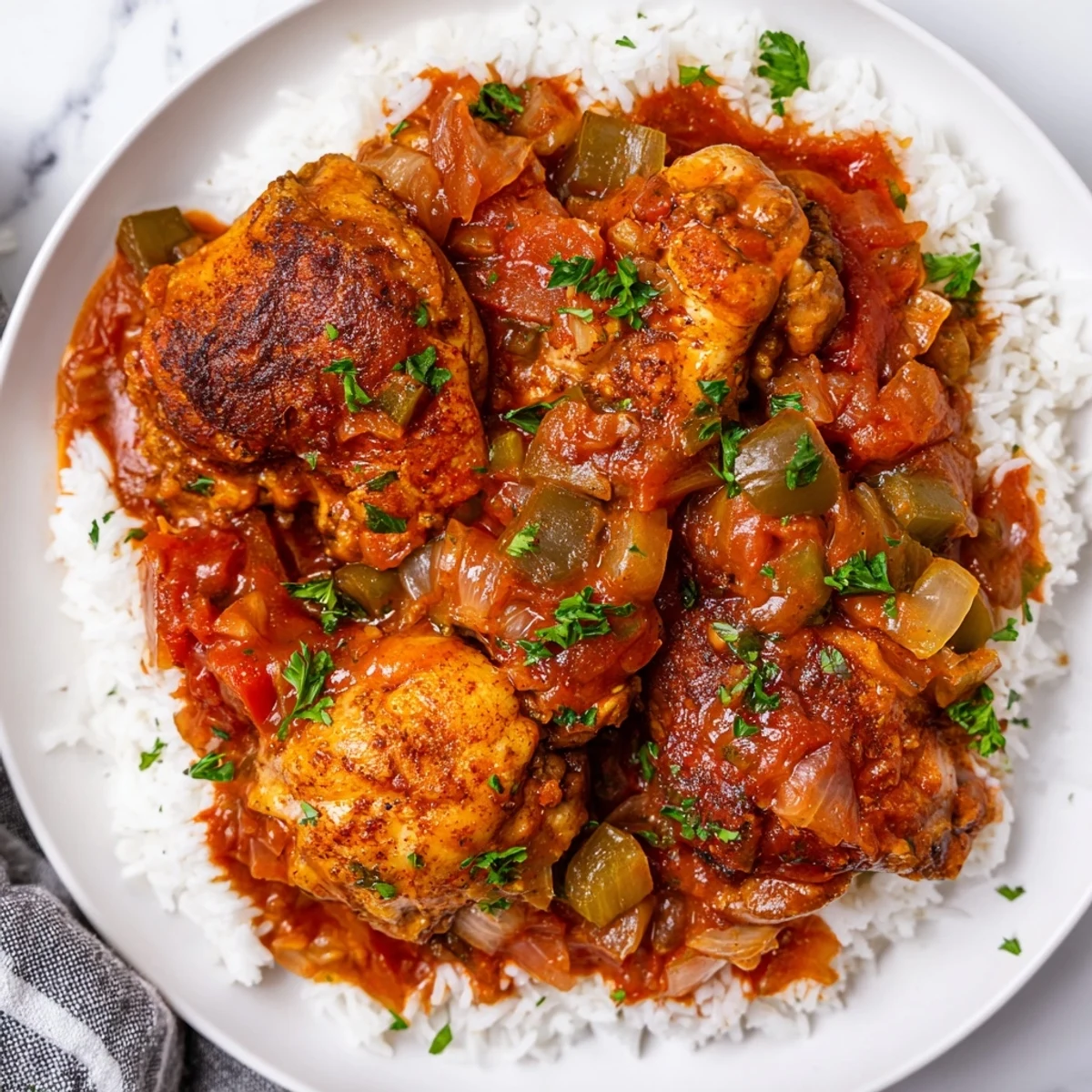 Easy chicken stewed Louisiana style simmering in a Dutch oven with colorful bell peppers and celery
