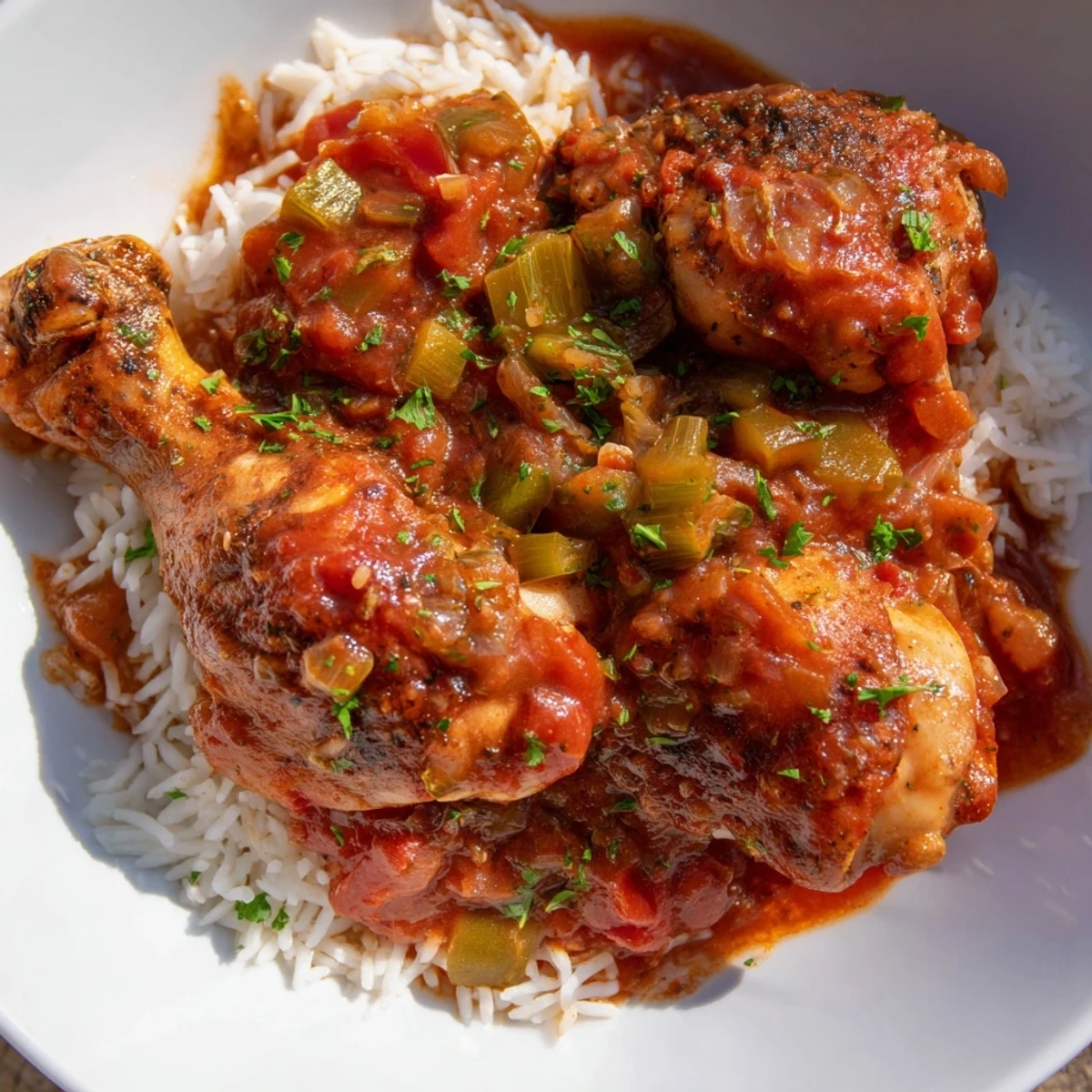Hearty bowl of Creole seasoned chicken stewed Louisiana style with tender vegetables and rich tomato broth