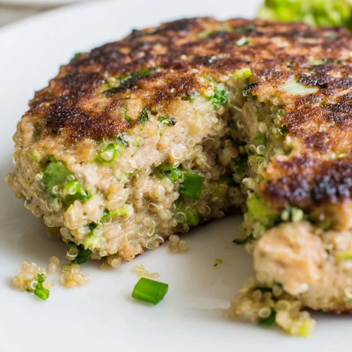 Golden brown turkey broccoli and quinoa burgers sizzling in a skillet with fresh herbs