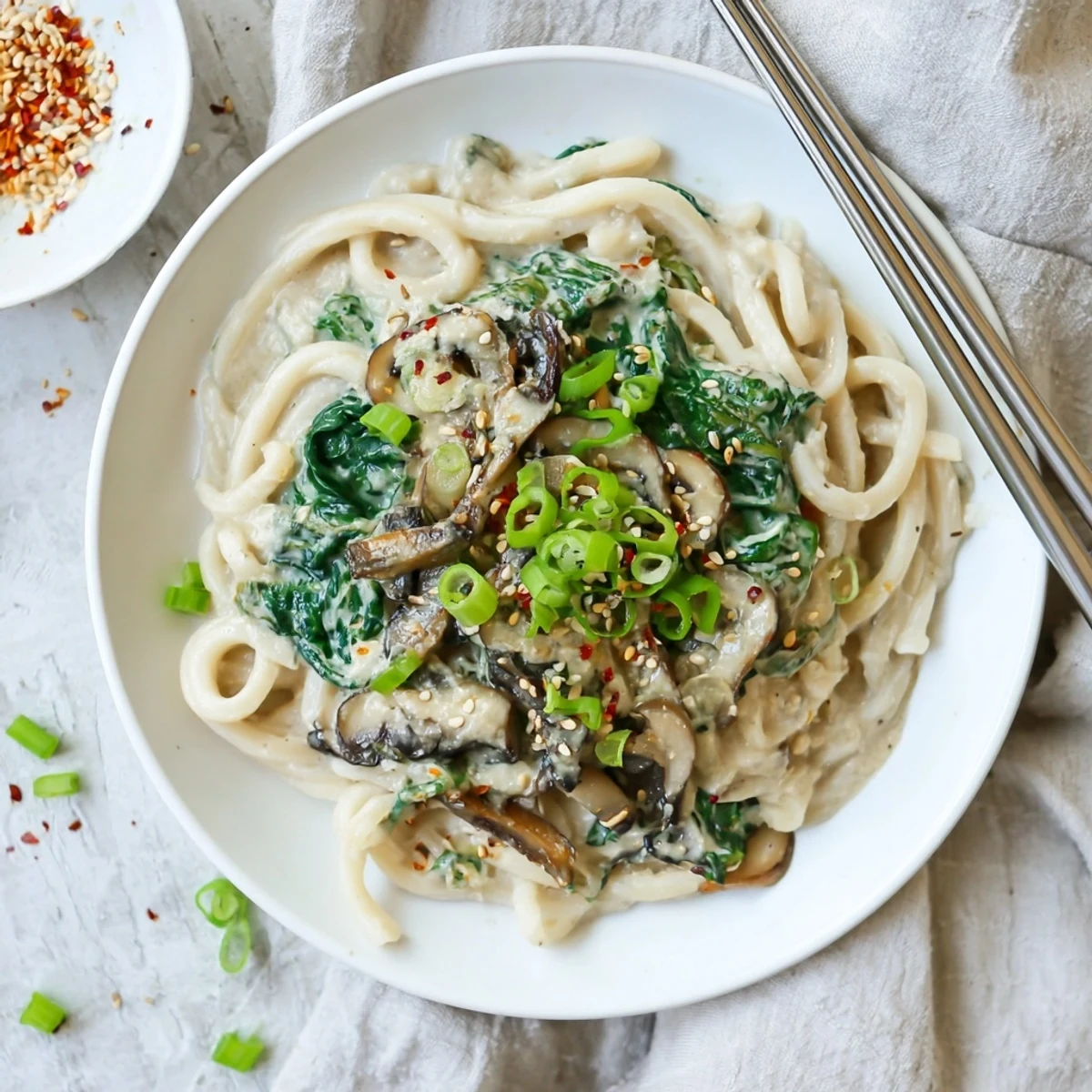 Bowl of creamy miso udon garnished with green onions sesame seeds and baby spinach in glossy sauce