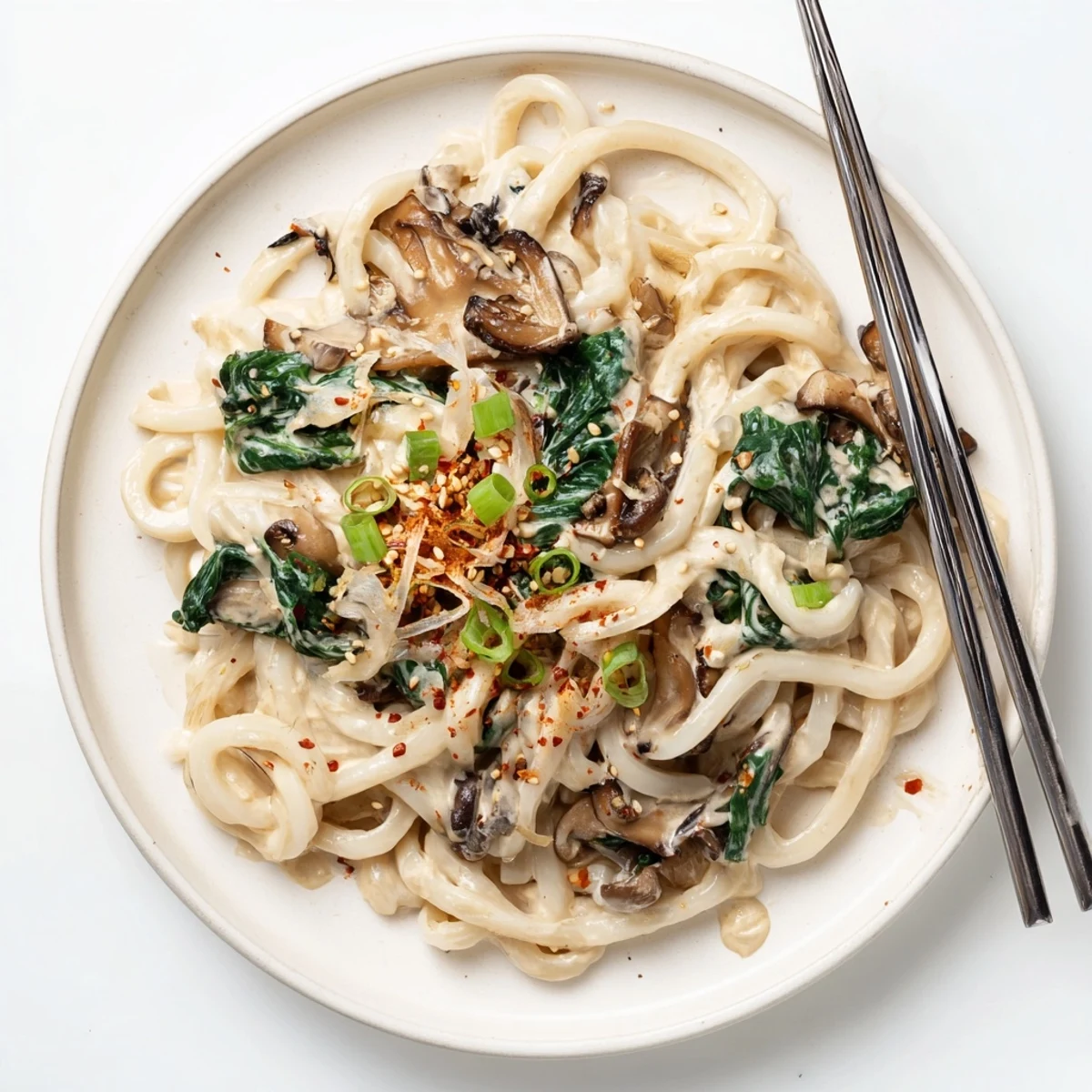 Thick udon noodles coated in rich savory miso cream sauce with tender shiitake mushrooms and wilted spinach