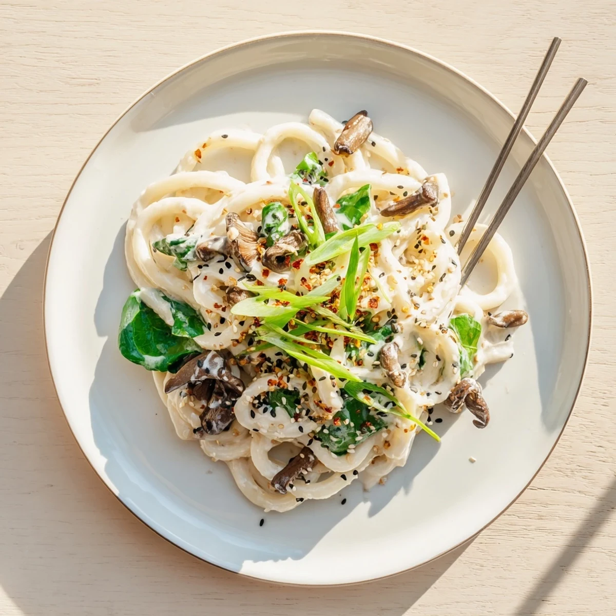 Japanese fusion noodle dish featuring thick chewy udon tossed in velvety miso cream with fresh vegetables
