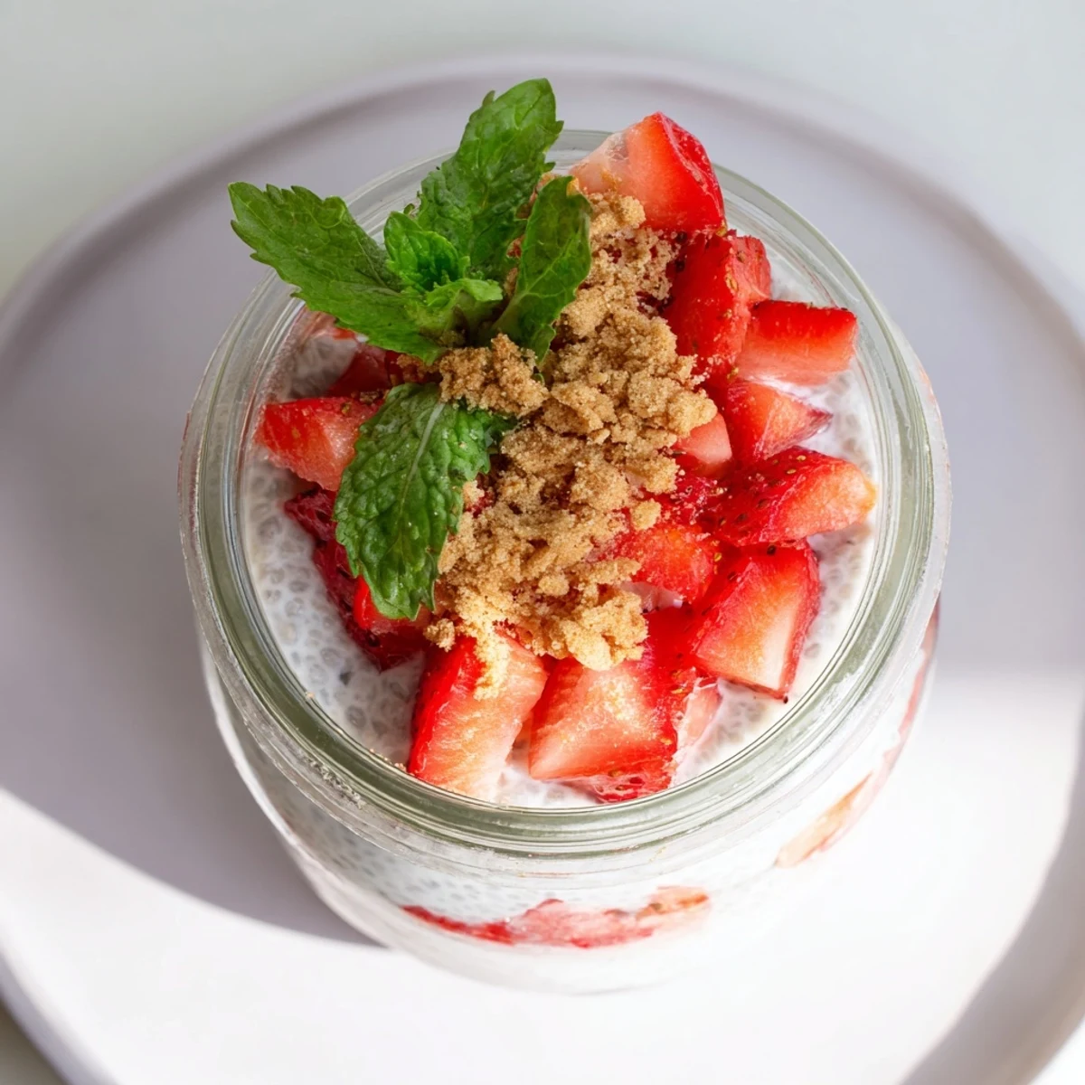 Creamy strawberry cheesecake chia pudding layered with fresh strawberry compote and topped with graham cracker crumbs in a clear glass jar