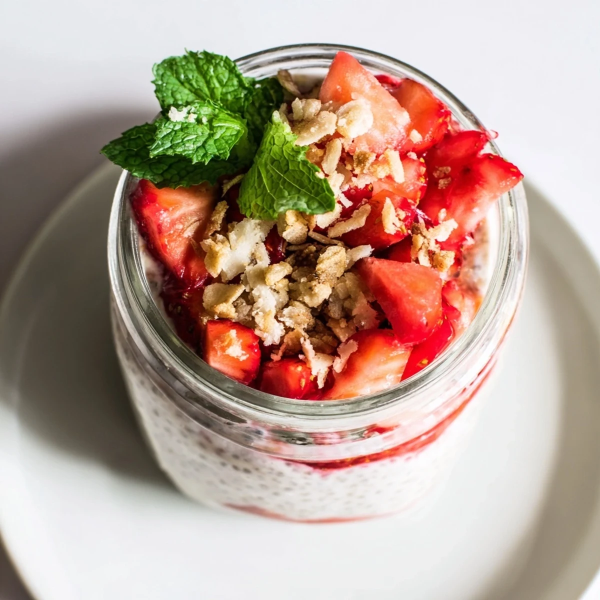 Wholesome strawberry cheesecake chia pudding breakfast featuring sweet strawberry swirls and tangy cream cheese layer garnished with fresh mint