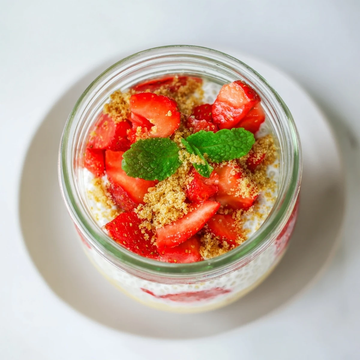Layered strawberry cheesecake chia pudding dessert with vibrant red strawberries, smooth cream cheese filling, and crunchy graham cracker topping