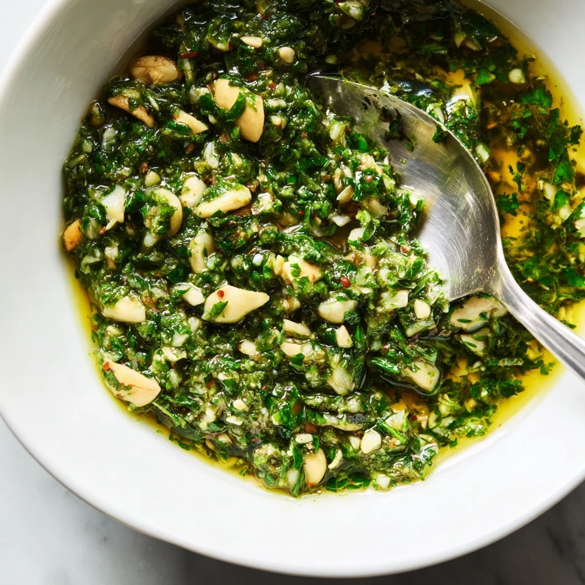 Vibrant green Thai basil pesto swirled in a white ceramic bowl, garnished with fresh basil leaves
