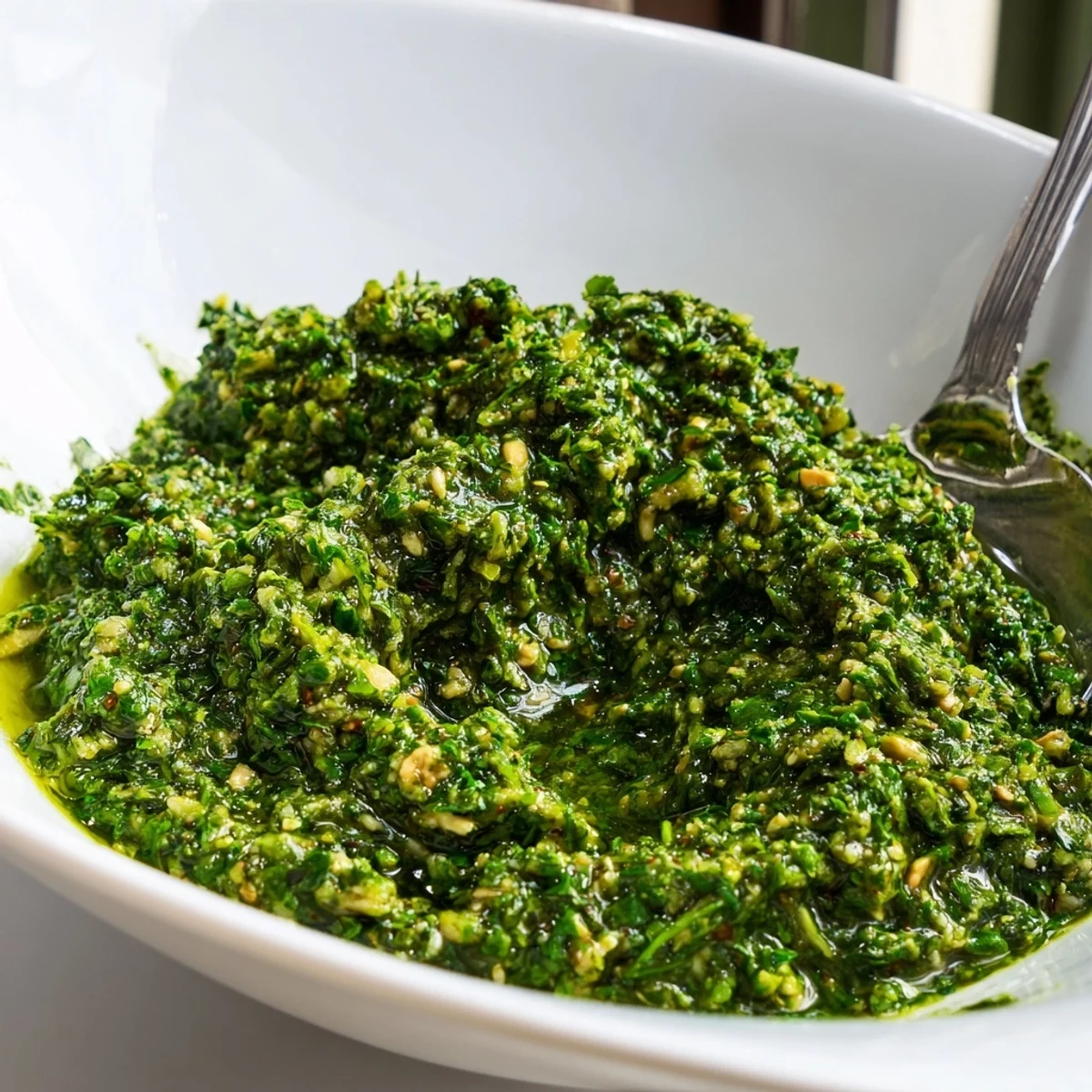 Creamy Thai basil pesto being drizzled over steaming rice noodles with crushed cashews on top