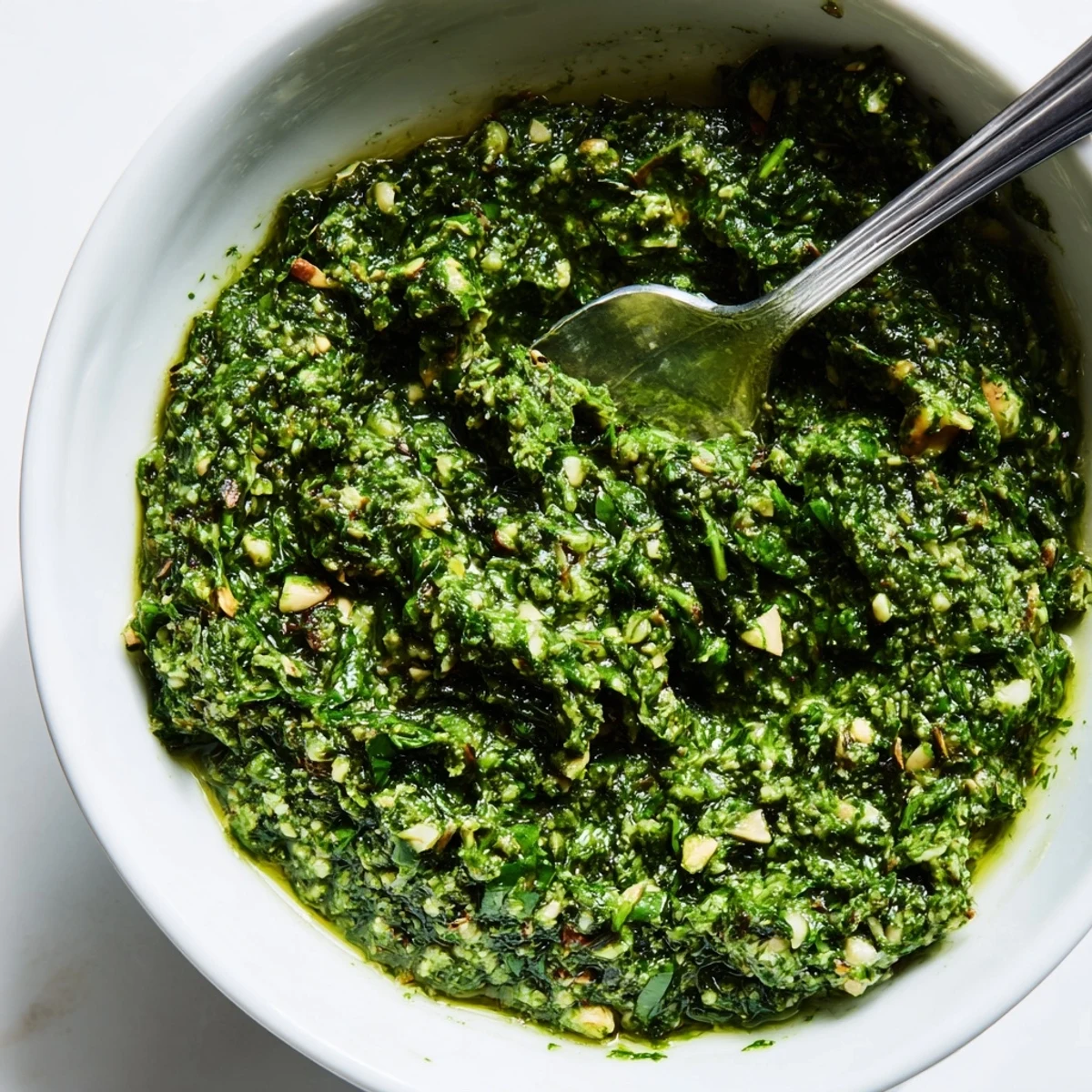 Close-up of Thai basil pesto texture showing chopped herbs, nuts, and bright green consistency