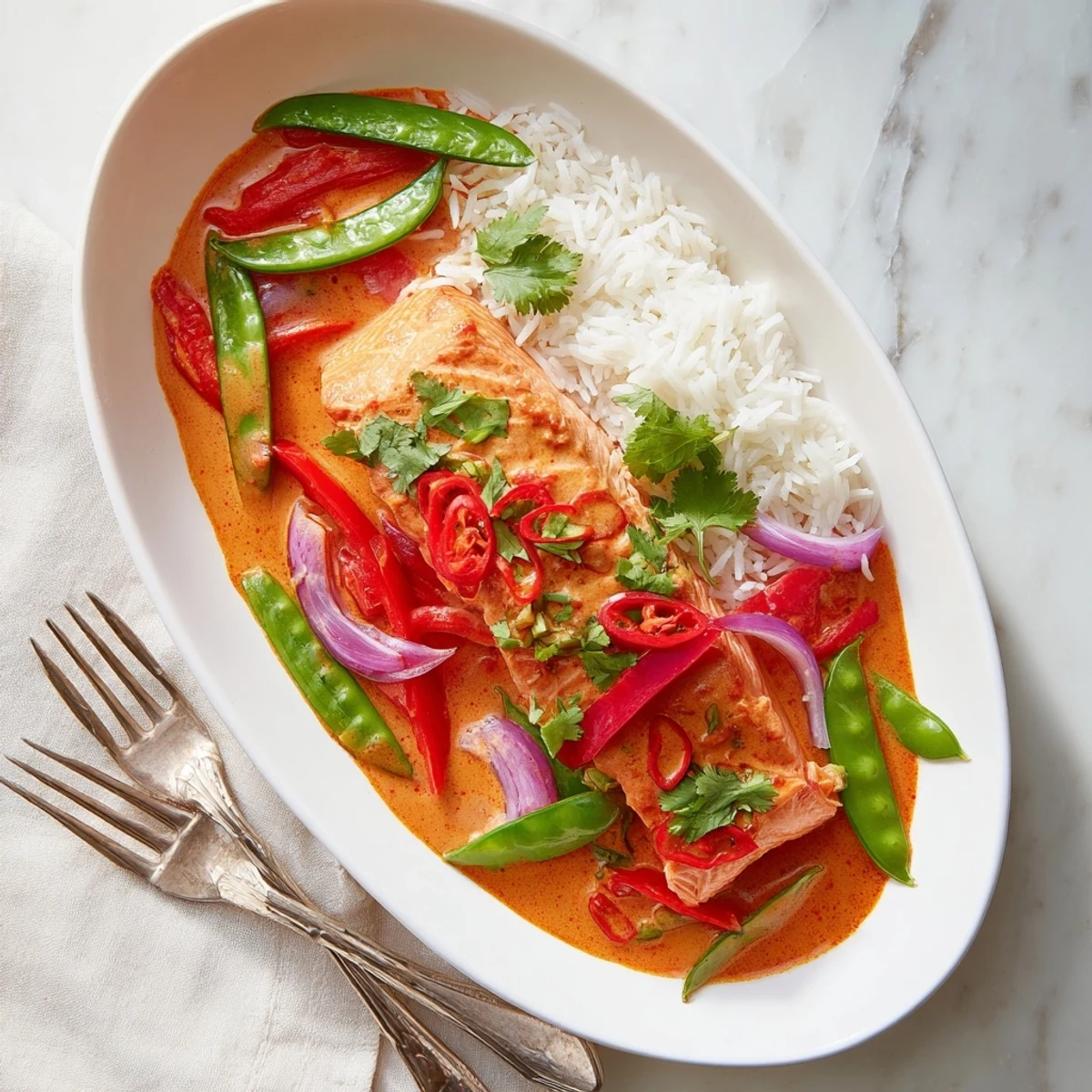 Golden salmon fillets simmered in creamy red curry coconut sauce with bell peppers and fresh coriander garnish