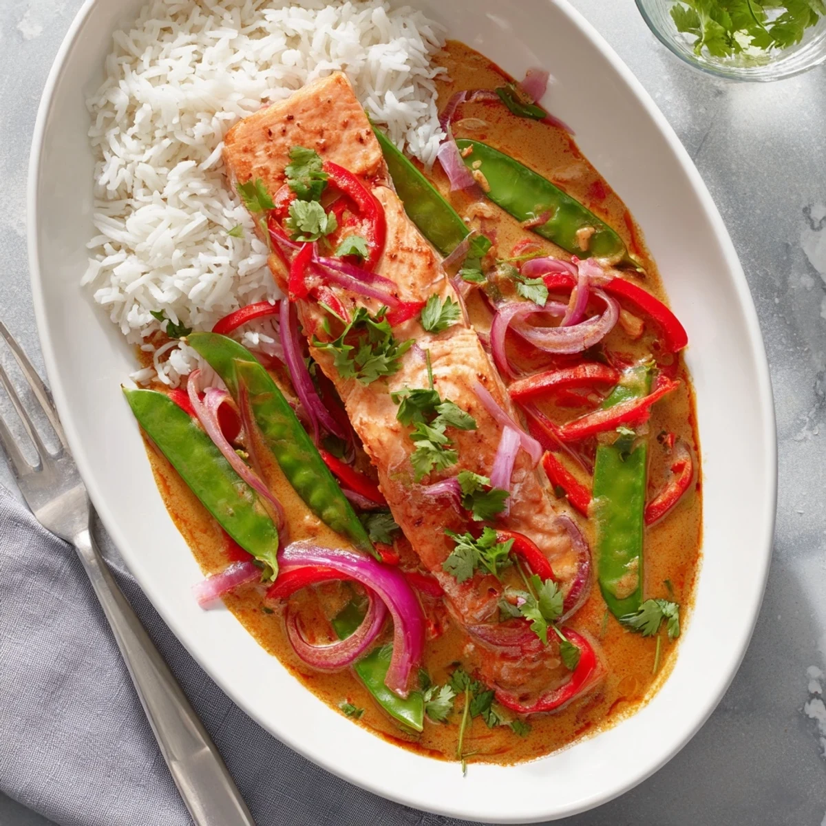 Flaky tender salmon poached in aromatic Thai red curry coconut milk with snap peas and red onion
