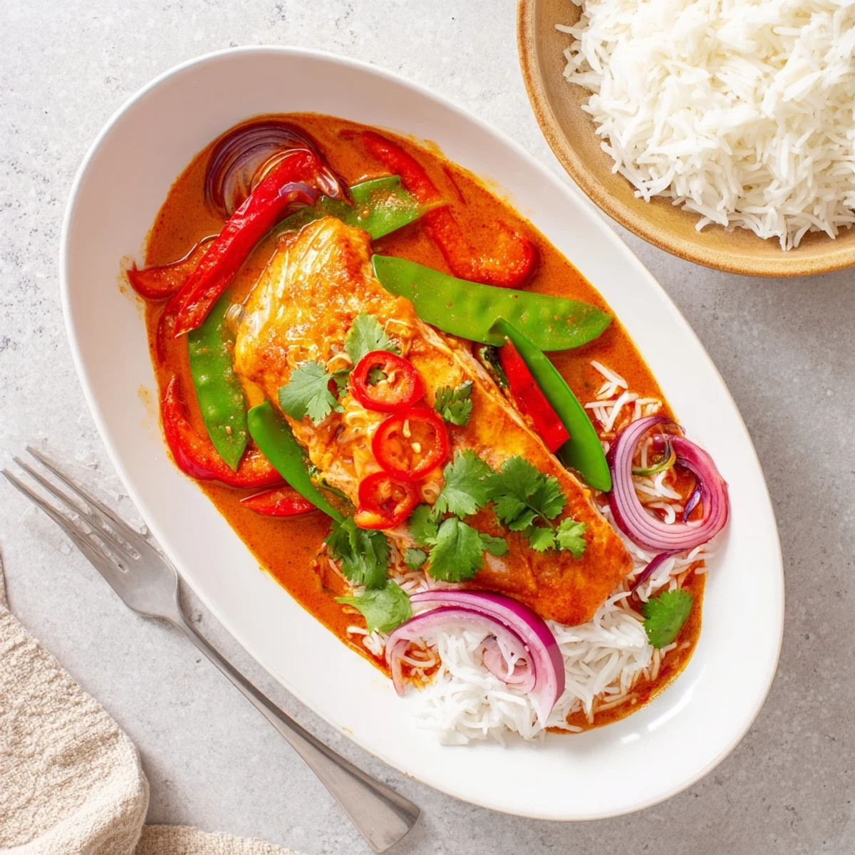 Rich red curry coconut and coriander salmon served over jasmine rice with vibrant vegetable medley and cilantro