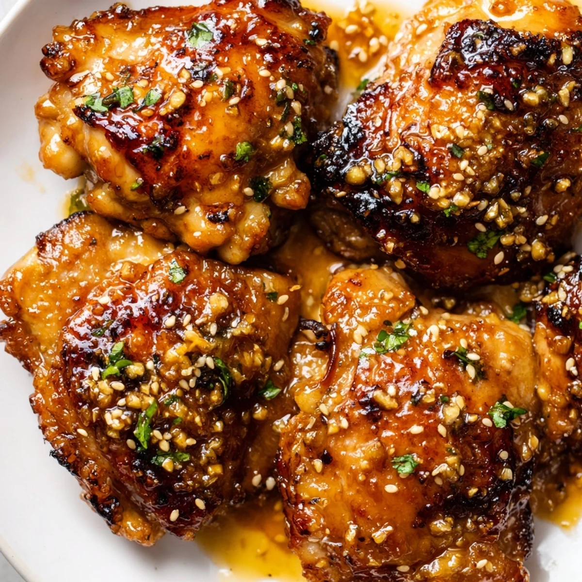 Golden brown chicken thighs glazed with sticky honey garlic sauce served beside caramelized roasted sweet potato cubes