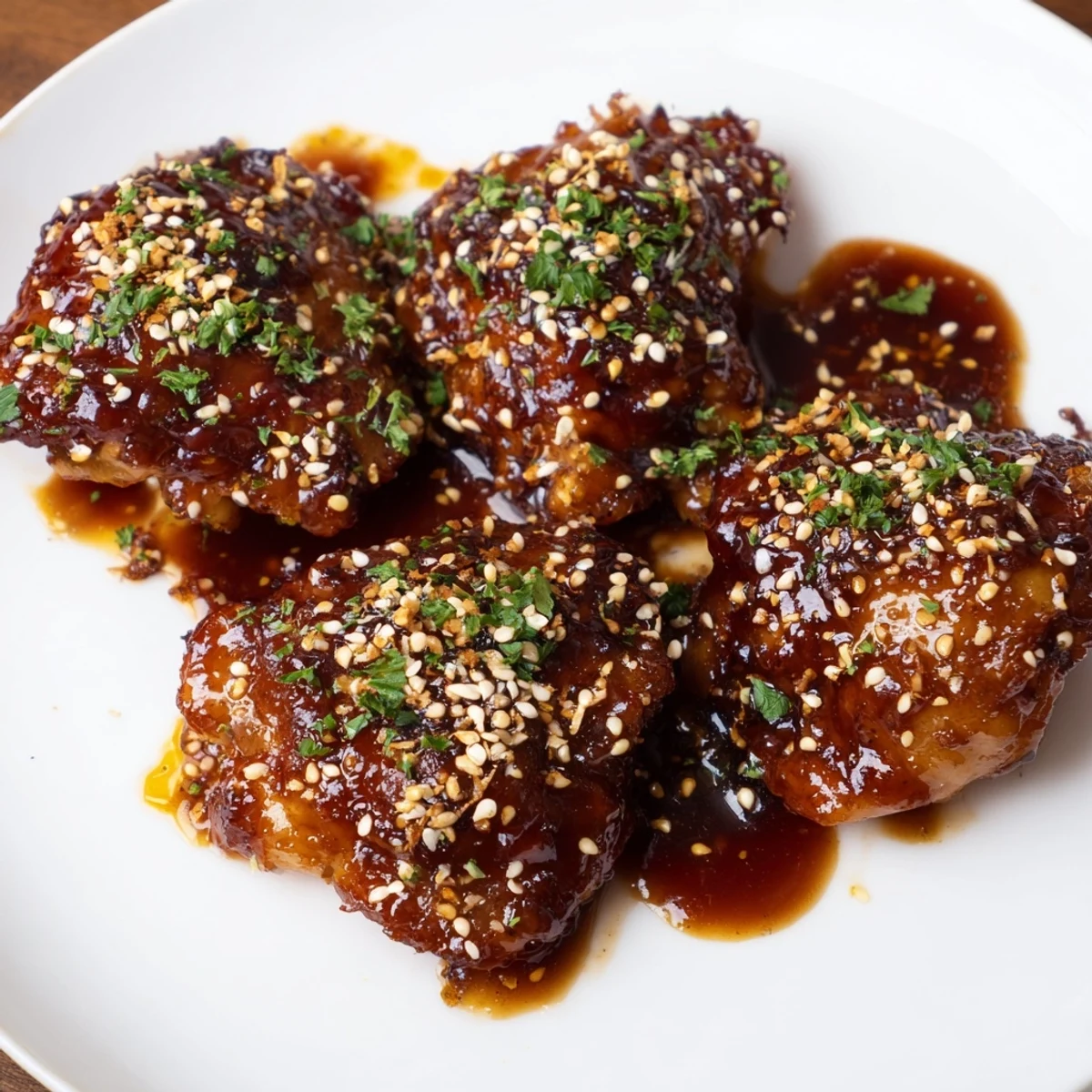 Tender baked chicken thighs coated in sweet savory honey garlic sauce alongside fluffy seasoned roasted sweet potatoes