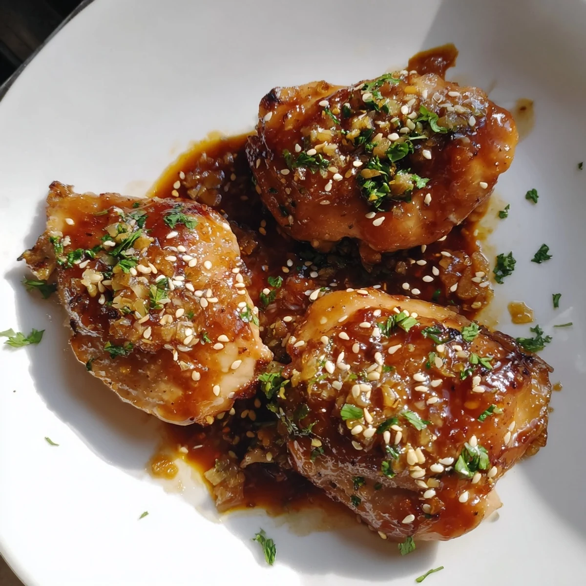 One pan honey garlic chicken with roasted sweet potatoes garnished with fresh parsley and sesame seeds
