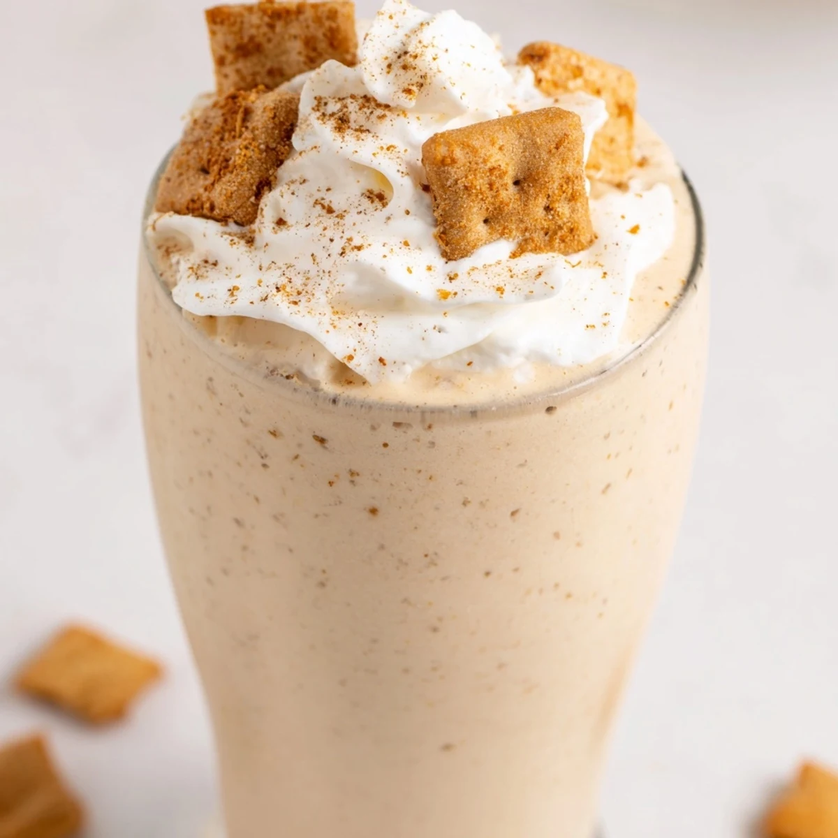 Frosty glass of Cinnamon Toast Crunch frappe topped with whipped cream and cereal sprinkles