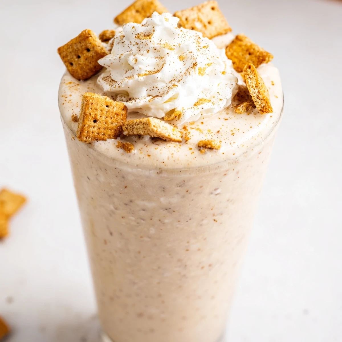 Creamy blended Cinnamon Toast Crunch frappe with swirling cinnamon and crushed cereal pieces