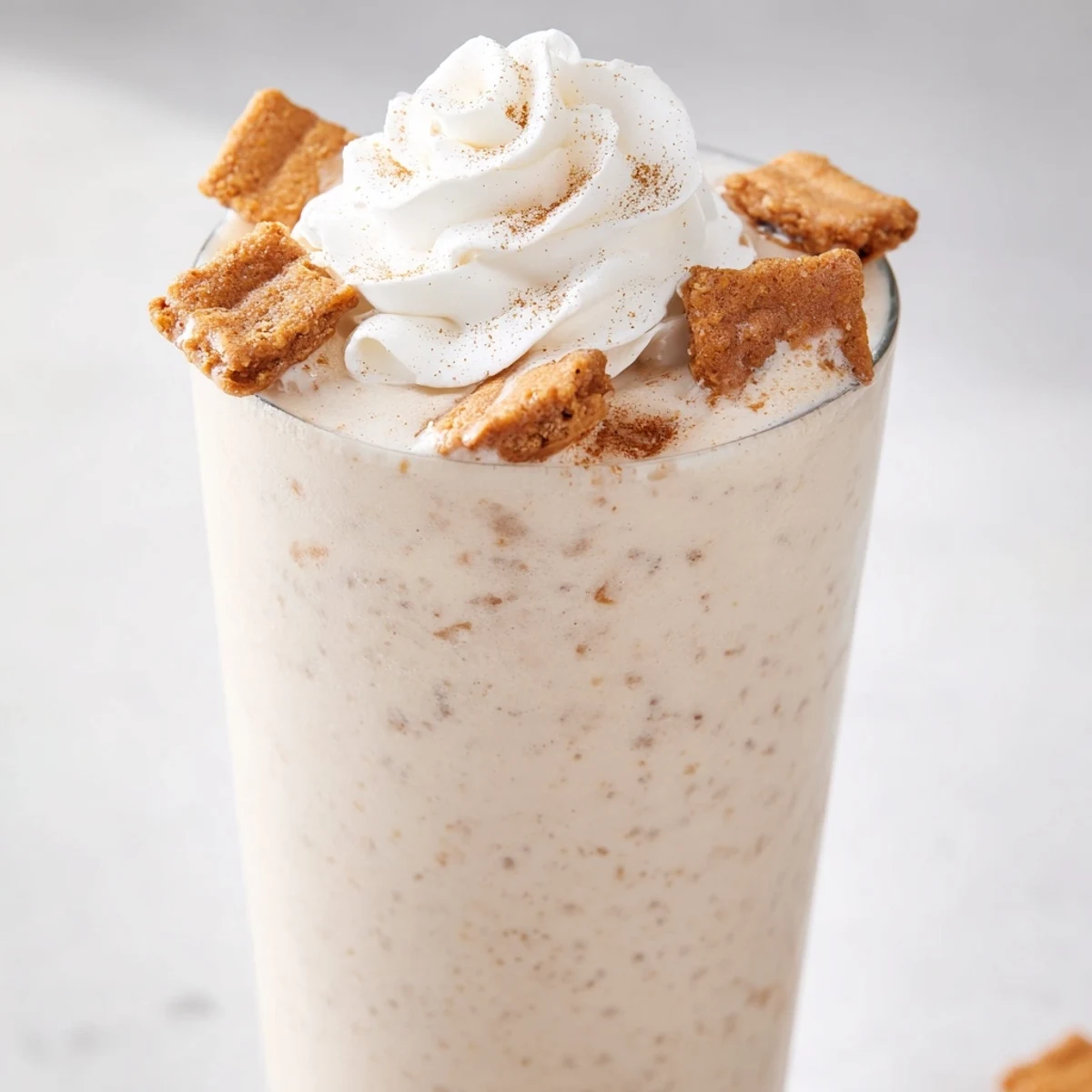 Tall frosted Cinnamon Toast Crunch frappe garnished with extra cereal and ground cinnamon