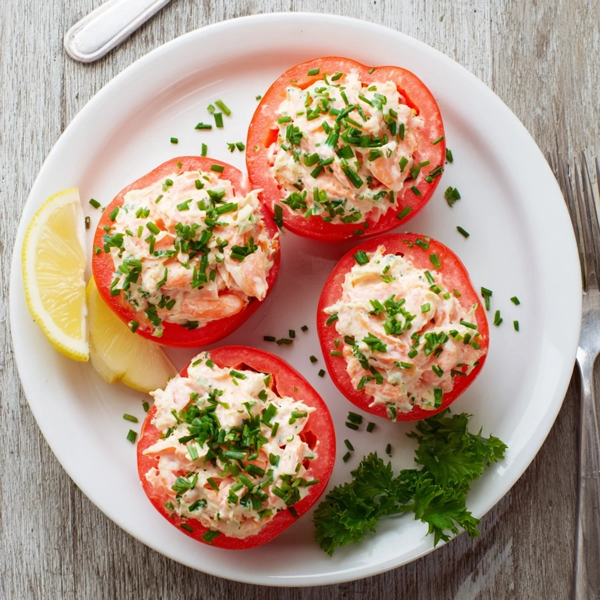 Ripe tomatoes filled with North Sea shrimp mixture garnished with lemon wedges and herbs